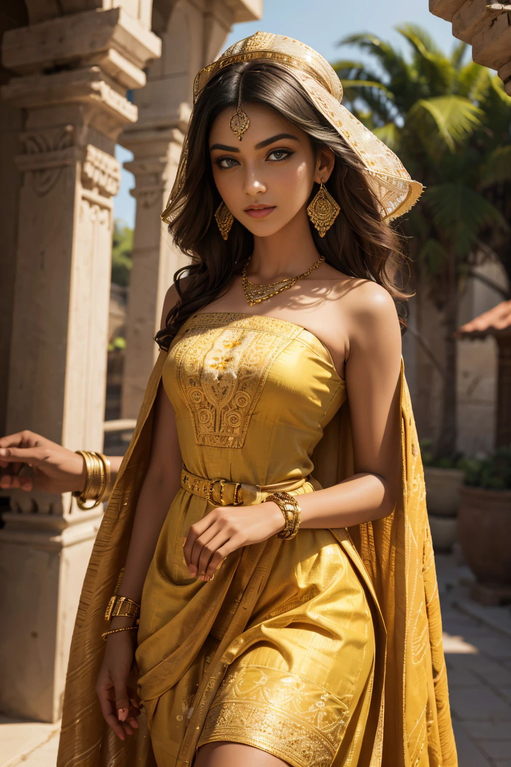 A stunning Indian beauty, with dark brown-black long wavey long hair, with mesmerizing feature masterpiece, top quality, best quality, official art, beautiful and aesthetic:1.2), (1girl), extreme detailed,(fractal art:1.3), colorful, highest detailed, (masterpiece, best quality:1.3) 1 bright-green-eyed woman, professional digital painting, Unreal Engine 5. wearing a Day dress in floral print, polka dots, modest tops, wide sleeves, or cape effect, slender bias cut body of dress that flared at the hem below the knee, matching thin belt with a high waist thick heeled full covered shoes, oxfords, Gloves gathered loosely at the cuff, holding a simple handbag with small angular hat and matching shoes, art deco jewelry earrings and braceletsHopeful expression, finely detailed eyes, happy mood, Wearing a full coverage blouse, epic scene, epic composition, Cinematic Lighting, Volumetric Lighting, ethereal light, intricate details, extremely detailed volumetric rays. [Beautiful girl in an Indian outfit, boho outfit, cheap ripped linen shirt and pants, oil painting, Detailed facial features, Sunlight, bright colors, dramatic lighting, expressive eyes and lips, High Resolution, 4K quality, Photorealistic]
