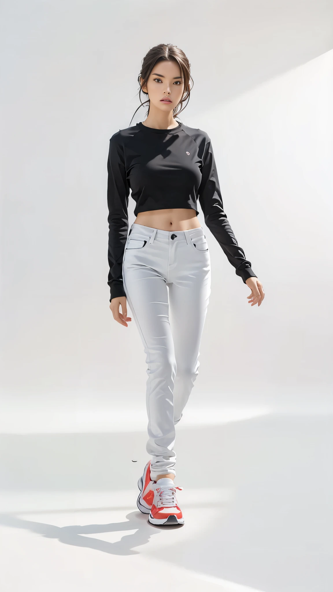 16K, Masterpiece, photorealism, A girl walks to her full height, a girl with dark long hair, a girl dressed in a white top, light jeans, white sneakers, white background,