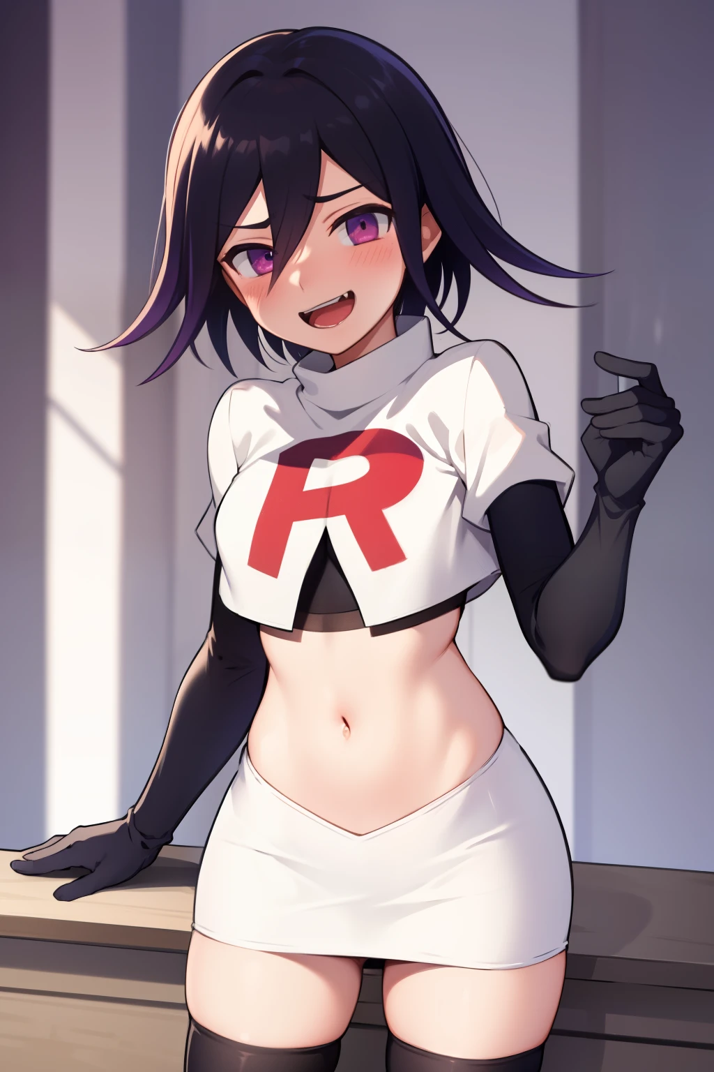absurdres, cowboy shot, solo, male focus, trap, 1boy, crossdressing,1boy, oma kokichi, team rocket,team rocket uniform,white skirt,red letter R,crop top,black thigh-highs,black elbow gloves, evil laugh, blush