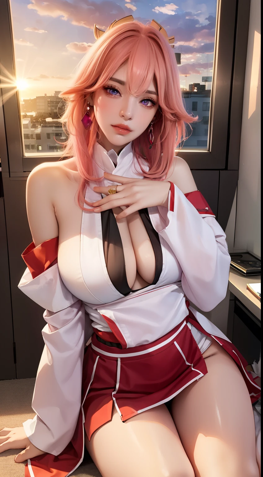 A realistic and detailed image of a girl wearing an off-shoulder blouse and a pleated miniskirt. She has long pink hair. purple eyes. she has earrings, long eyelashes. she has plump lips, big breasts, The breast contour is clearly visible,Nipples erect,slim waist, Hips are very wide,Thighs are thick. breast view, panty view. Arched backward. She is kneeling in the office,The sunset sun shines on her.
