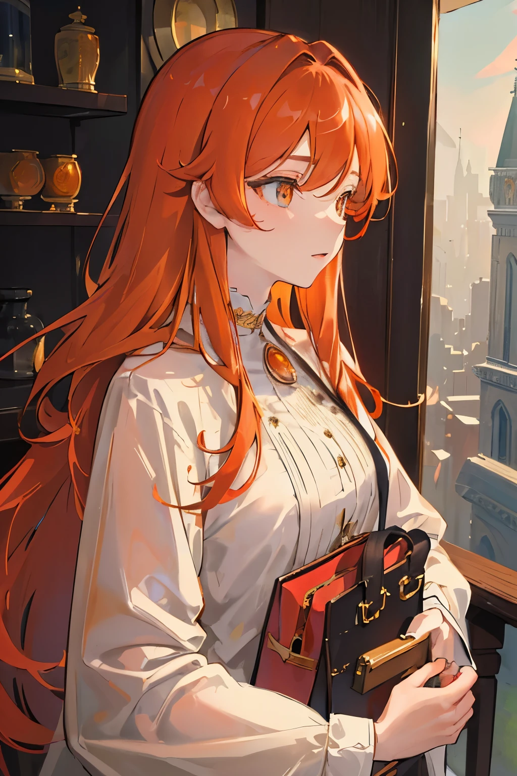 (masterpiece, side light, Super detailed, detailed and beautiful eyes: 1.2), 1 girl, bag, building, From before, long sleeve clothes、 long hair, orange hair, profile, redhead, alone, Upper body, masterpiece, highest quality、