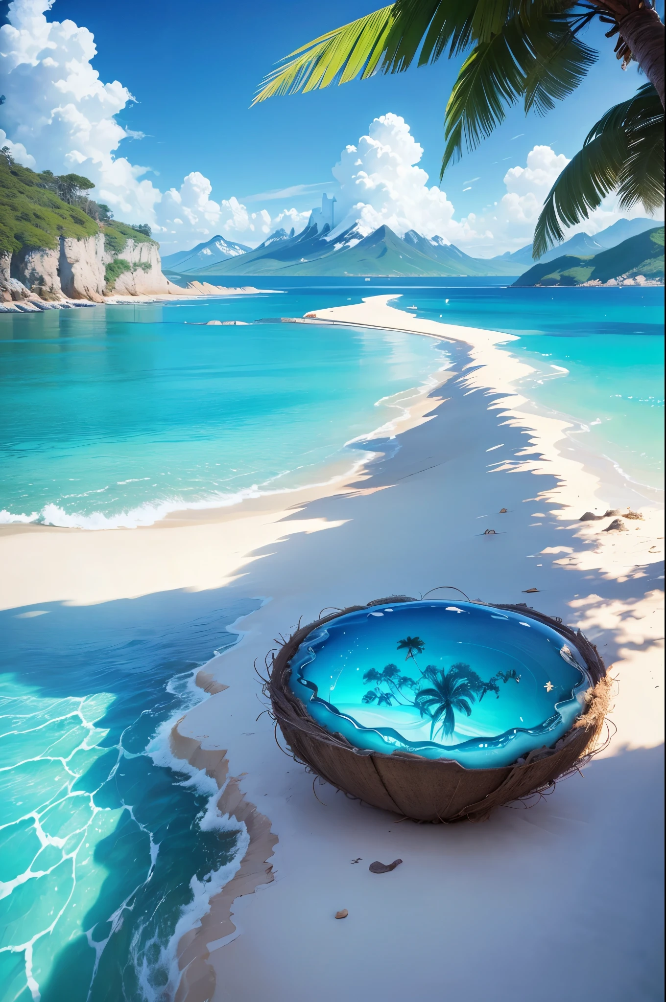 summer，seaside，island，Clear water，Blue gradient of seawater，Transparent seawater，island，coconut tree，Heaven，Large clouds，blue sky、Hot weather、HD details、Ultra-detailed、、Surrealism、soft light、Deep field focus bokeh、The vista is snow-capped mountains，Ray tracing、和Surrealism。 --v 6