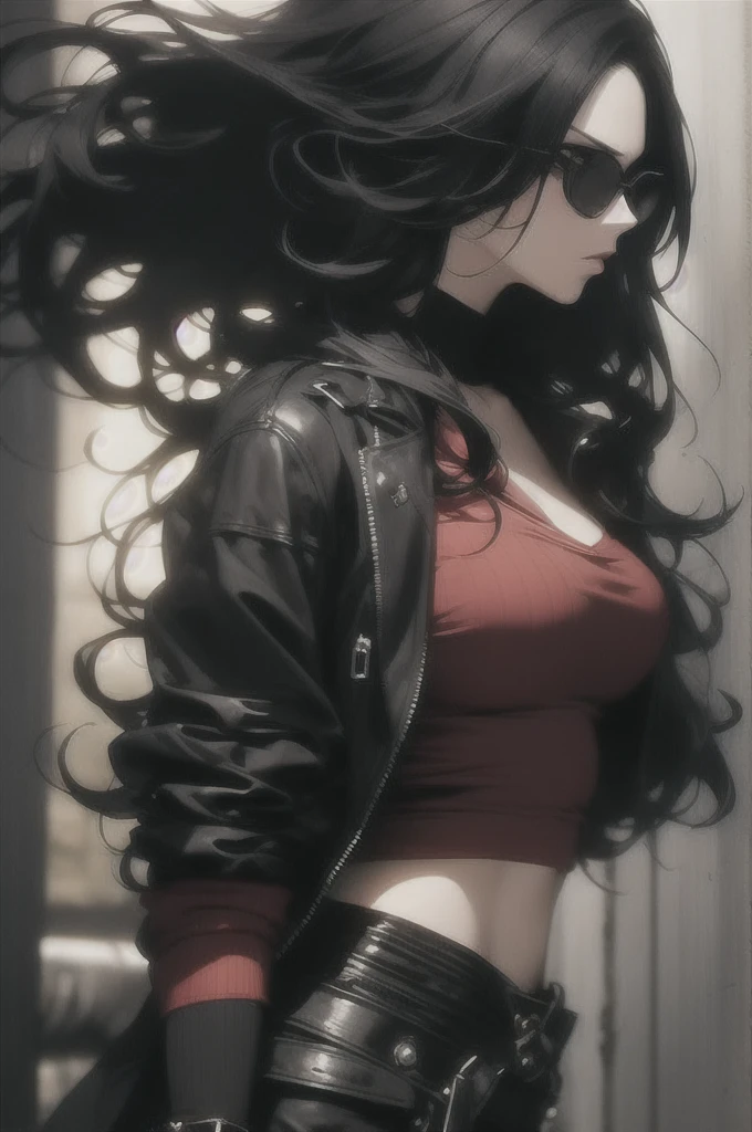 A woman dressed in a stylized ninja outfit, predominantly black with red accents, suggesting a blend of traditional ninja garb with modern elements. The outfit includes a mask covering the lower half of her face, leaving her eyes visible. These eyes convey a confident and almost playful expression. Her hair is dark and long, tied back to not obstruct her vision or movement, with a touch of red matching the accents of her attire. She is adorned with what appear to be armguards and a utility belt, likely equipped with various tools and essential weapons for a ninja. A katana is seen tied to her back. The clothing is form-fitting., masterpiece, textured skin, highres