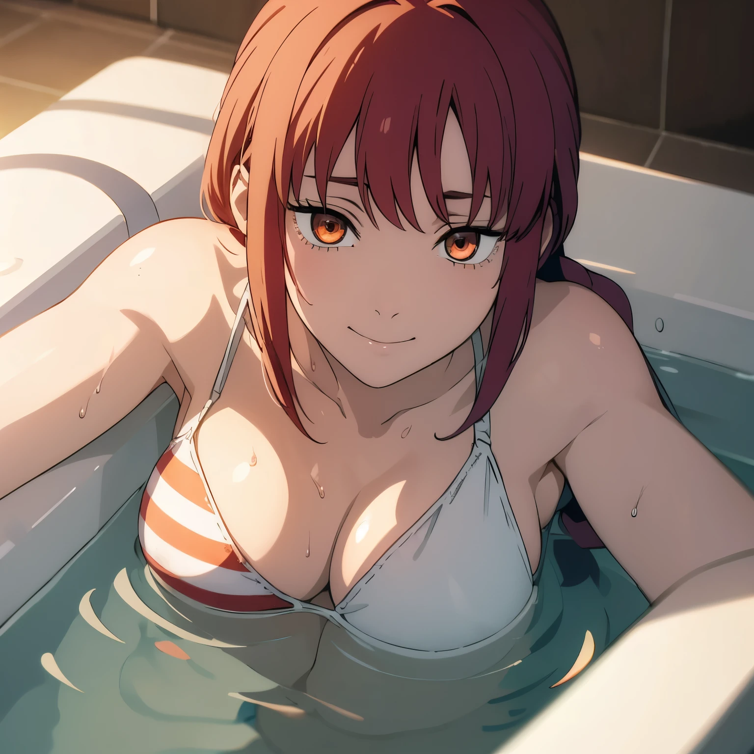 (masterpiece, best quality, high resolution, animescreencap, anime colored,), (perfect anatomy, beautiful detailed eyes, beautiful detailed body, beautiful breast, shiny skin), 1girl, red hair, side bangs, braided ponytail, medium breasts, smiling,orange eyes, ringed eyes,armpits, looking at viewer, ((American flag bikini)), ((wet skin)),(lying in bathtub)),