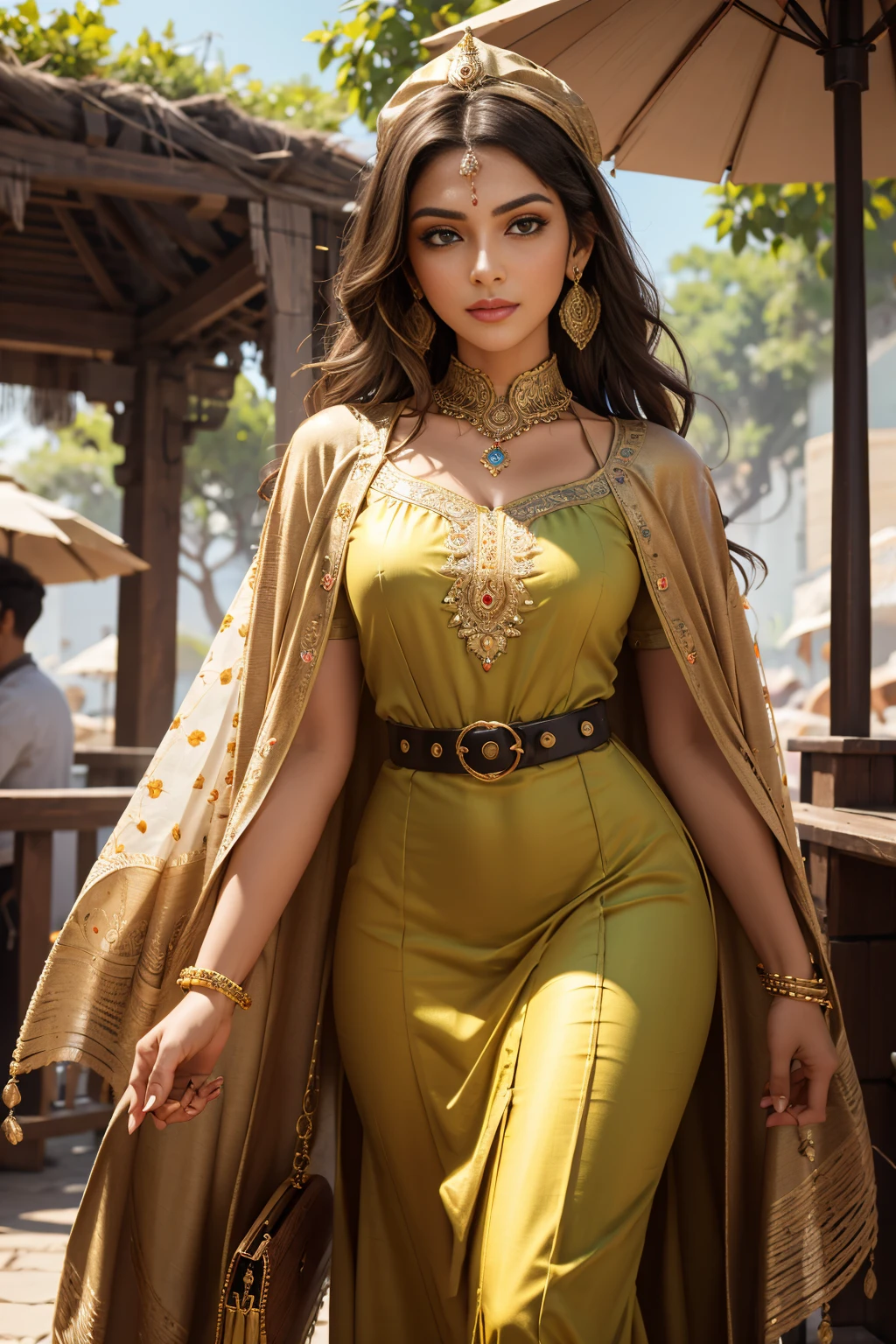 A stunning Indian beauty, with dark brown-black long wavey long hair, with mesmerizing feature masterpiece, top quality, best quality, official art, beautiful and aesthetic:1.2), (1girl), extreme detailed,(fractal art:1.3), colorful, highest detailed, (masterpiece, best quality:1.3) 1 bright-green-eyed woman, professional digital painting, Unreal Engine 5. wearing a Day dress in floral print, polka dots, modest tops, wide sleeves, or cape effect, slender bias cut body of dress that flared at the hem below the knee, matching thin belt with a high waist thick heeled full covered shoes, oxfords, Gloves gathered loosely at the cuff, holding a simple handbag with small angular hat and matching shoes, art deco jewelry earrings and braceletsHopeful expression, finely detailed eyes, happy mood, Wearing a full coverage blouse, epic scene, epic composition, Cinematic Lighting, Volumetric Lighting, ethereal light, intricate details, extremely detailed volumetric rays. [Beautiful girl in an Indian outfit, boho outfit, cheap ripped linen shirt and pants, oil painting, Detailed facial features, Sunlight, bright colors, dramatic lighting, expressive eyes and lips, High Resolution, 4K quality, Photorealistic]
