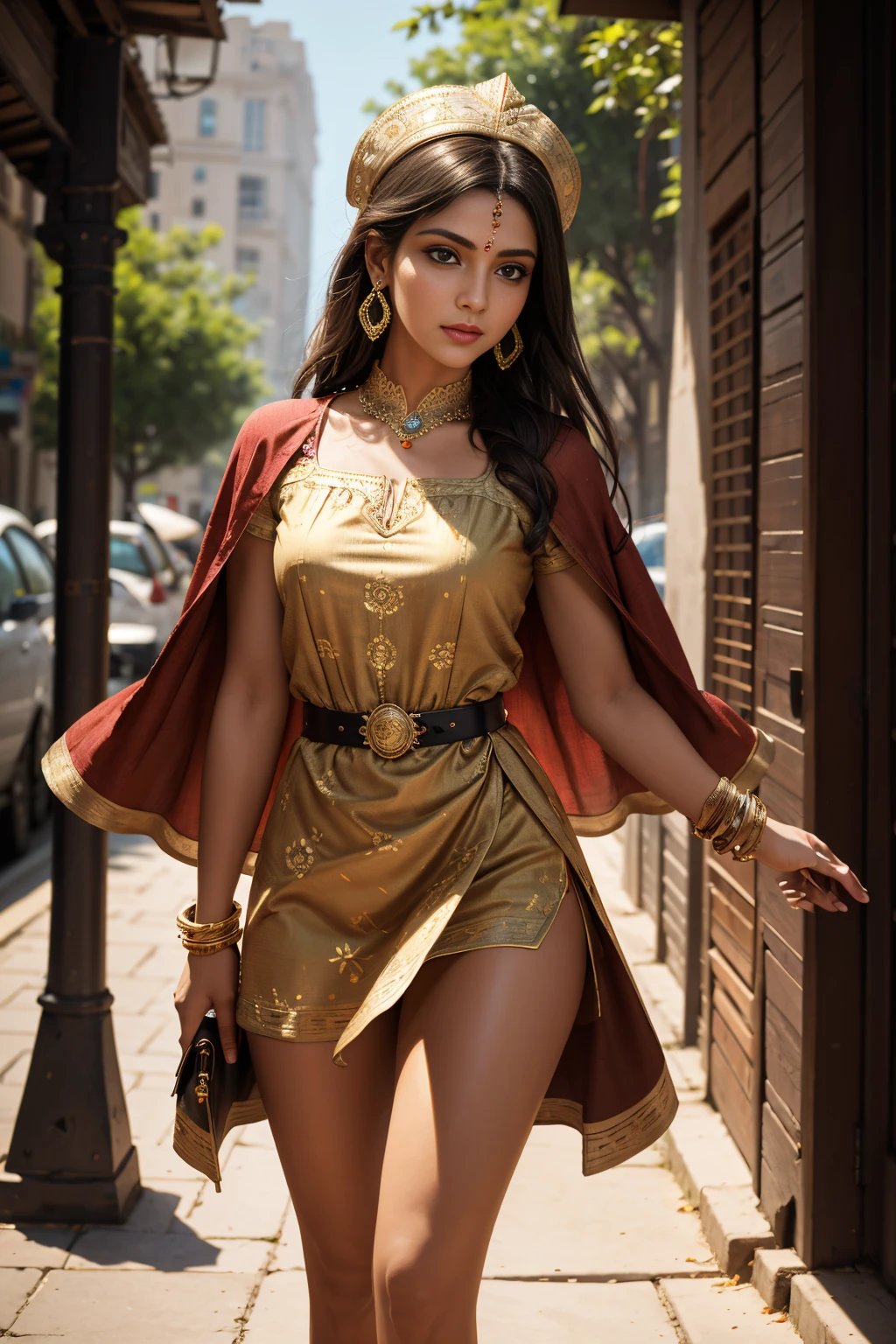 A stunning Indian beauty, with dark brown-black long wavey long hair, with mesmerizing feature masterpiece, top quality, best quality, official art, beautiful and aesthetic:1.2), (1girl), extreme detailed,(fractal art:1.3), colorful, highest detailed, (masterpiece, best quality:1.3) 1 bright-green-eyed woman, professional digital painting, Unreal Engine 5. wearing a Day dress in floral print, polka dots, modest tops, wide sleeves, or cape effect, slender bias cut body of dress that flared at the hem below the knee, matching thin belt with a high waist thick heeled full covered shoes, oxfords, Gloves gathered loosely at the cuff, holding a simple handbag with small angular hat and matching shoes, art deco jewelry earrings and braceletsHopeful expression, finely detailed eyes, happy mood, Wearing a full coverage blouse, epic scene, epic composition, Cinematic Lighting, Volumetric Lighting, ethereal light, intricate details, extremely detailed volumetric rays. [Beautiful girl in an Indian outfit, boho outfit, cheap ripped linen shirt and pants, oil painting, Detailed facial features, Sunlight, bright colors, dramatic lighting, expressive eyes and lips, High Resolution, 4K quality, Photorealistic]
