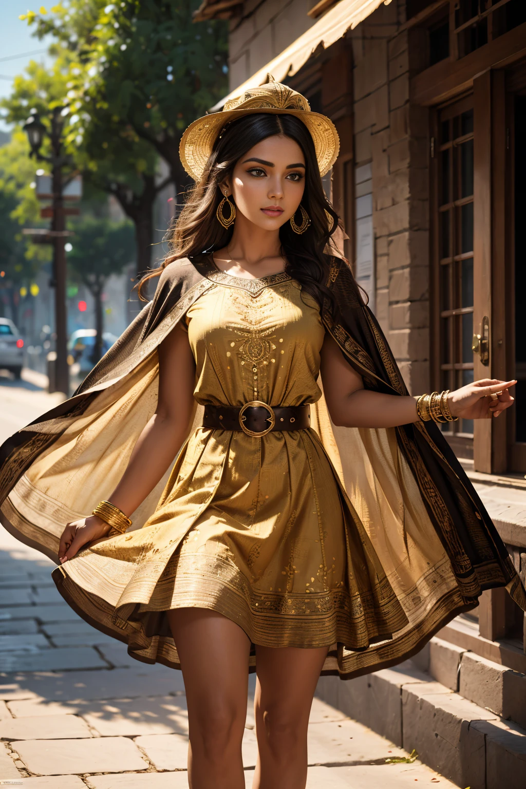 A stunning Indian beauty, with dark brown-black long wavey long hair, with mesmerizing feature masterpiece, top quality, best quality, official art, beautiful and aesthetic:1.2), (1girl), extreme detailed,(fractal art:1.3), colorful, highest detailed, (masterpiece, best quality:1.3) 1 bright-green-eyed woman, professional digital painting, Unreal Engine 5. wearing a Day dress in floral print, polka dots, modest tops, wide sleeves, or cape effect, slender bias cut body of dress that flared at the hem below the knee, matching thin belt with a high waist thick heeled full covered shoes, oxfords, Gloves gathered loosely at the cuff, holding a simple handbag with small angular hat and matching shoes, art deco jewelry earrings and braceletsHopeful expression, finely detailed eyes, happy mood, Wearing a full coverage blouse, epic scene, epic composition, Cinematic Lighting, Volumetric Lighting, ethereal light, intricate details, extremely detailed volumetric rays. [Beautiful girl in an Indian outfit, boho outfit, cheap ripped linen shirt and pants, oil painting, Detailed facial features, Sunlight, bright colors, dramatic lighting, expressive eyes and lips, High Resolution, 4K quality, Photorealistic]
