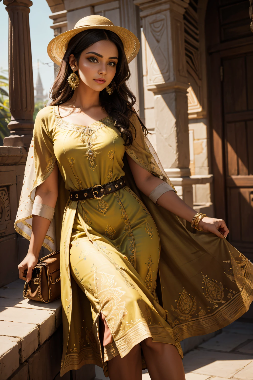 A stunning Indian beauty, with dark brown-black long wavey long hair, with mesmerizing feature masterpiece, top quality, best quality, official art, beautiful and aesthetic:1.2), (1girl), extreme detailed,(fractal art:1.3), colorful, highest detailed, (masterpiece, best quality:1.3) 1 bright-green-eyed woman, professional digital painting, Unreal Engine 5. wearing a Day dress in floral print, polka dots, modest tops, wide sleeves, or cape effect, slender bias cut body of dress that flared at the hem below the knee, matching thin belt with a high waist thick heeled full covered shoes, oxfords, Gloves gathered loosely at the cuff, holding a simple handbag with small angular hat and matching shoes, art deco jewelry earrings and braceletsHopeful expression, finely detailed eyes, happy mood, Wearing a full coverage blouse, epic scene, epic composition, Cinematic Lighting, Volumetric Lighting, ethereal light, intricate details, extremely detailed volumetric rays. [Beautiful girl in an Indian outfit, boho outfit, cheap ripped linen shirt and pants, oil painting, Detailed facial features, Sunlight, bright colors, dramatic lighting, expressive eyes and lips, High Resolution, 4K quality, Photorealistic]
