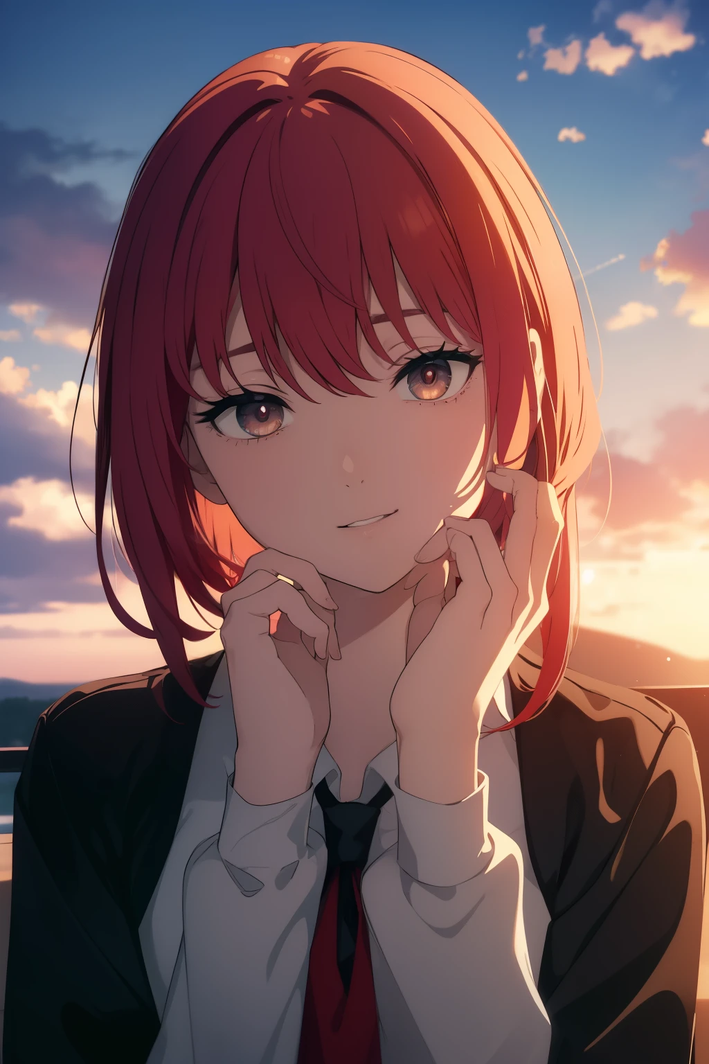 ((((Obra maestra, La mejor calidad, ultrahigh resolution)))), beautiful face, beautiful girl, 1girl, looking at viewer, standing, upper body, red hair, beautiful face, outside, wind blowing, detailed face, eyeliner, detailed red gradient eyes, shiny red eyes, black pupils, school uniform, face focus, pretty smile, happy, teeth, wide smile
