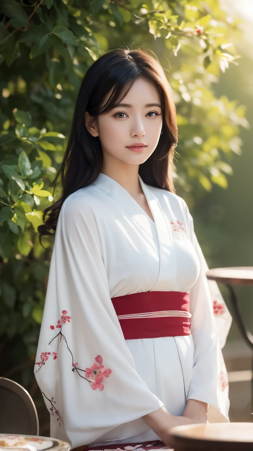 (logo、masterpiece、8k、table top、RAW photo、wonderful、最high quality、Photorealistic and hvery detailed CG integrated 8k wallpaper、high quality、very detailed、narrative poem、particle effects、dynamic effects、Depth of the bounds written、cinematic light、Lens flare、ray tracing)、fantasy、 (beautiful、1 beautiful woman、white kimono、Japan Dresses、white embroidery pattern、black haired、beautiful顔、real face、beautiful細部の目beautiful肌)、Hair flutters in Wind、hair bounces、pink cherry tree、petals dance、SakuraFubuki、Spectacular view、sunrise、sun on background、Wind、god々、tooth、god話、vast land