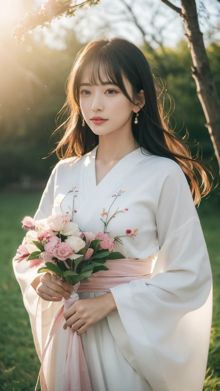 (logo、masterpiece、8k、table top、RAW photo、wonderful、最high quality、Photorealistic and hvery detailed CG integrated 8k wallpaper、high quality、very detailed、narrative poem、particle effects、dynamic effects、Depth of the bounds written、cinematic light、Lens flare、ray tracing)、fantasy、 (beautiful、1 beautiful woman、white kimono、Japan Dresses、white embroidery pattern、black haired、beautiful顔、real face、beautiful細部の目beautiful肌)、Hair flutters in Wind、hair bounces、pink cherry tree、petals dance、SakuraFubuki、Spectacular view、sunrise、sun on background、Wind、god々、tooth、god話、vast land