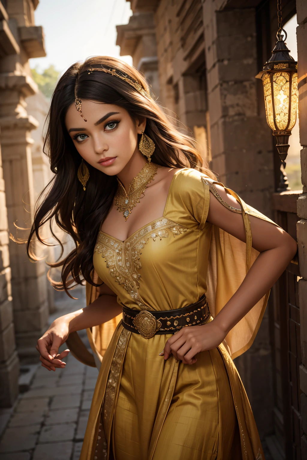 A stunning Indian beauty, with dark brown-black long wavey long hair, with mesmerizing feature masterpiece, top quality, best quality, official art, beautiful and aesthetic:1.2), (1girl), extreme detailed,(fractal art:1.3), colorful, highest detailed, (masterpiece, best quality:1.3) 1 bright-green-eyed woman, professional digital painting, Unreal Engine 5. wearing a Day dress in floral print, polka dots, modest tops, wide sleeves, or cape effect, slender bias cut body of dress that flared at the hem below the knee, matching thin belt with a high waist thick heeled full covered shoes, oxfords, Gloves gathered loosely at the cuff, holding a simple handbag with small angular hat and matching shoes, art deco jewelry earrings and braceletsHopeful expression, finely detailed eyes, happy mood, Wearing a full coverage blouse, epic scene, epic composition, Cinematic Lighting, Volumetric Lighting, ethereal light, intricate details, extremely detailed volumetric rays. [Beautiful girl in an Indian outfit, boho outfit, cheap ripped linen shirt and pants, oil painting, Detailed facial features, Sunlight, bright colors, dramatic lighting, expressive eyes and lips, High Resolution, 4K quality, Photorealistic]
