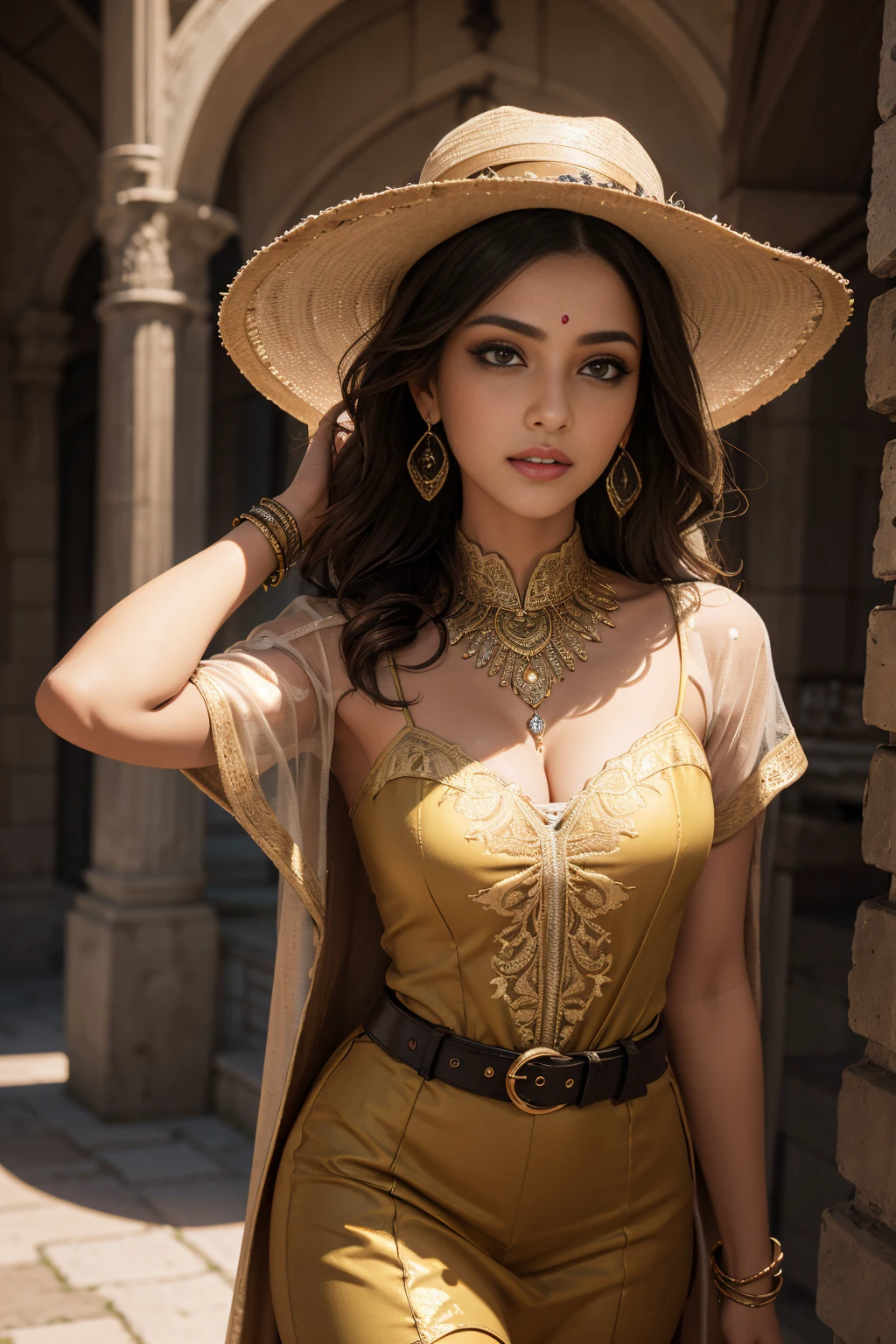 A stunning Indian beauty, with dark brown-black long wavey long hair, with mesmerizing feature masterpiece, top quality, best quality, official art, beautiful and aesthetic:1.2), (1girl), extreme detailed,(fractal art:1.3), colorful, highest detailed, (masterpiece, best quality:1.3) 1 bright-green-eyed woman, professional digital painting, Unreal Engine 5. wearing a Day dress in floral print, polka dots, modest tops, wide sleeves, or cape effect, slender bias cut body of dress that flared at the hem below the knee, matching thin belt with a high waist thick heeled full covered shoes, oxfords, Gloves gathered loosely at the cuff, holding a simple handbag with small angular hat and matching shoes, art deco jewelry earrings and braceletsHopeful expression, finely detailed eyes, happy mood, Wearing a full coverage blouse, epic scene, epic composition, Cinematic Lighting, Volumetric Lighting, ethereal light, intricate details, extremely detailed volumetric rays. [Beautiful girl in an Indian outfit, boho outfit, cheap ripped linen shirt and pants, oil painting, Detailed facial features, Sunlight, bright colors, dramatic lighting, expressive eyes and lips, High Resolution, 4K quality, Photorealistic]
