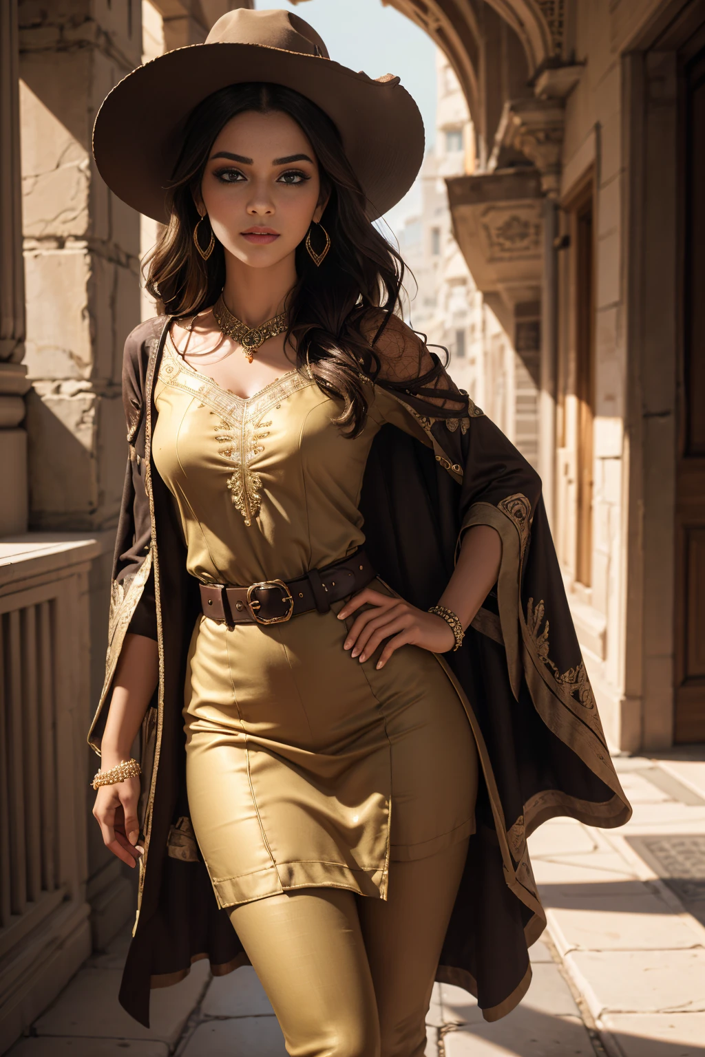 A stunning Indian beauty, with dark brown-black long wavey long hair, with mesmerizing feature masterpiece, top quality, best quality, official art, beautiful and aesthetic:1.2), (1girl), extreme detailed,(fractal art:1.3), colorful, highest detailed, (masterpiece, best quality:1.3) 1 bright-green-eyed woman, professional digital painting, Unreal Engine 5. wearing a Day dress in floral print, polka dots, modest tops, wide sleeves, or cape effect, slender bias cut body of dress that flared at the hem below the knee, matching thin belt with a high waist thick heeled full covered shoes, oxfords, Gloves gathered loosely at the cuff, holding a simple handbag with small angular hat and matching shoes, art deco jewelry earrings and braceletsHopeful expression, finely detailed eyes, happy mood, Wearing a full coverage blouse, epic scene, epic composition, Cinematic Lighting, Volumetric Lighting, ethereal light, intricate details, extremely detailed volumetric rays. [Beautiful girl in an Indian outfit, boho outfit, cheap ripped linen shirt and pants, oil painting, Detailed facial features, Sunlight, bright colors, dramatic lighting, expressive eyes and lips, High Resolution, 4K quality, Photorealistic]
