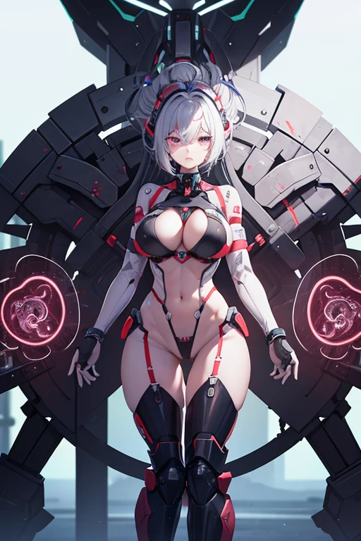 female, Getting surgery, The abdomen opens to reveal organs., Half of the organs are mechanized, The head is open and the brain is visible., Putting a control chip into my brain, Being brainwashed, Being controlled, human weapon, Hands tied, Standing in T posture, huge breasts, eyes focused on the center