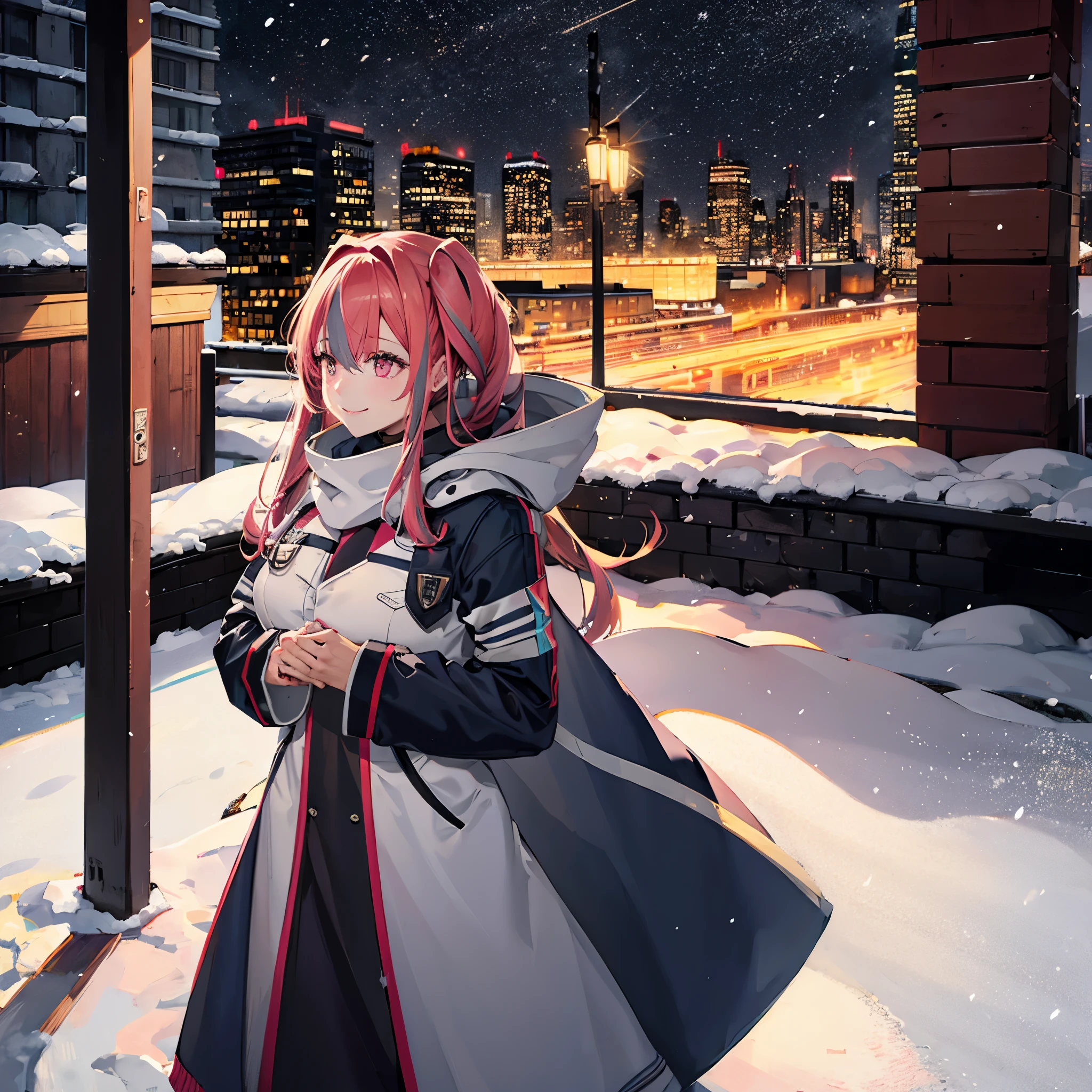 a woman wearing a long cold coat, in a big city full of snow, with the place snowing, smiling.
