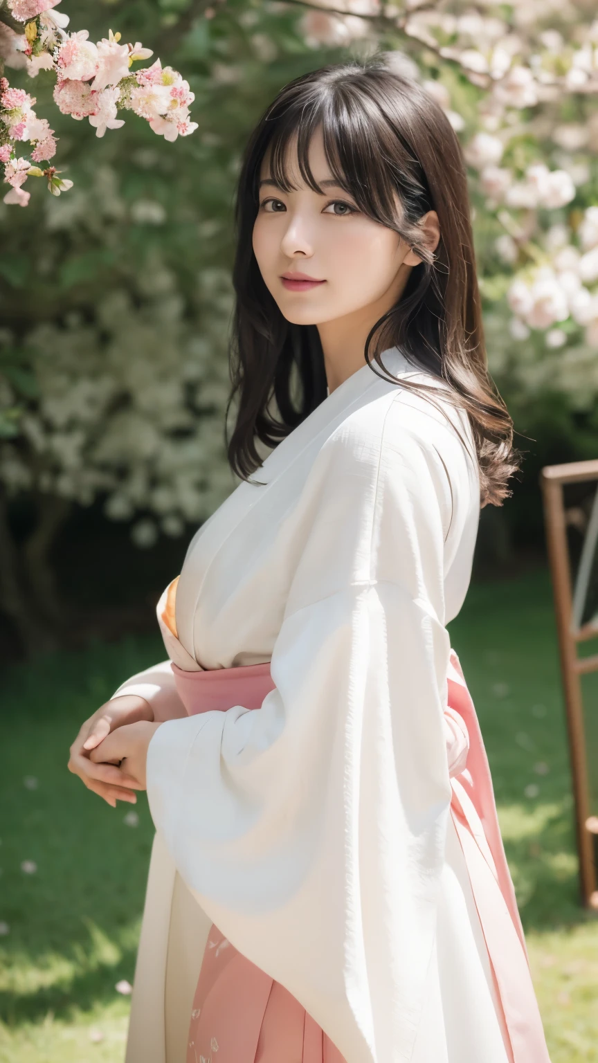 (logo、masterpiece、8k、table top、RAW photo、wonderful、最high quality、Photorealistic and hvery detailed CG integrated 8k wallpaper、high quality、very detailed、narrative poem、particle effects、dynamic effects、Depth of the bounds written、cinematic light、Lens flare、ray tracing)、fantasy、 (beautiful、1 beautiful woman、white kimono、Japan Dresses、white embroidery pattern、black haired、beautiful顔、real face、beautiful細部の目beautiful肌)、Hair flutters in Wind、hair bounces、pink cherry tree、petals dance、SakuraFubuki、Spectacular view、sunrise、sun on background、Wind、god々、tooth、god話、vast land