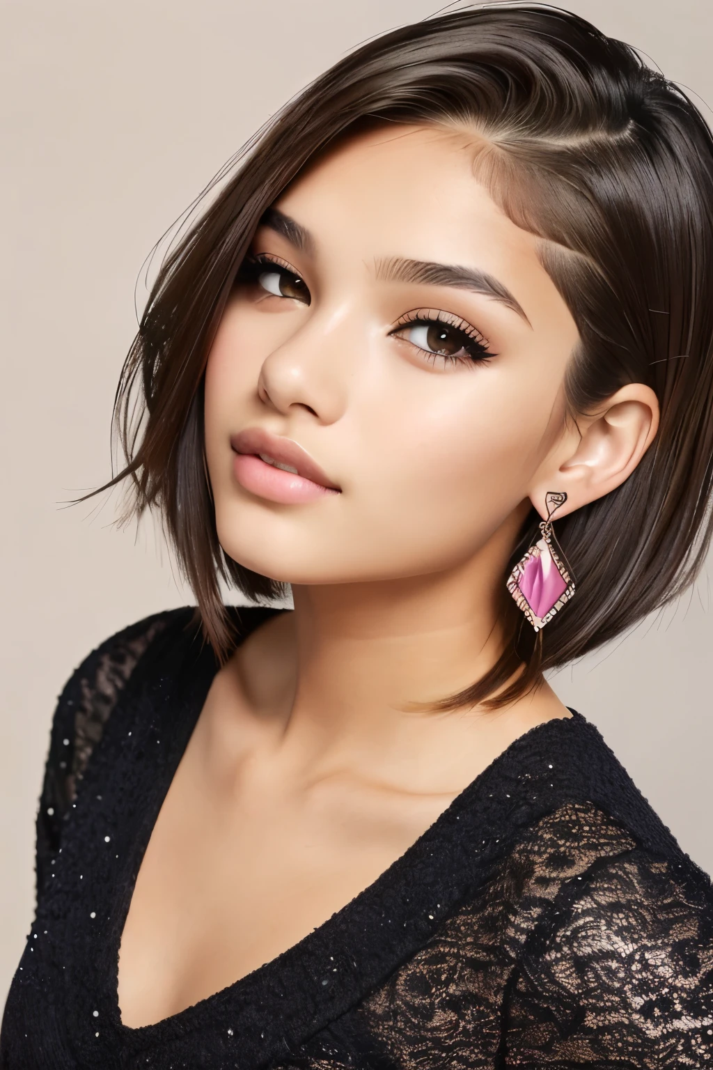 beautiful girl, brown_eyes, ((beautiful slim age girl 18 year old, hair color [Brown highlights hair], [undercut pixie] hair)), earrings, lips, realistic, narrow waist, charming, pink lipstick, colorful makeup, long eyelashes, earrings, wearing eyeliner, fair skin, (cute), (detailed face), detailed eyes, detailed iris
