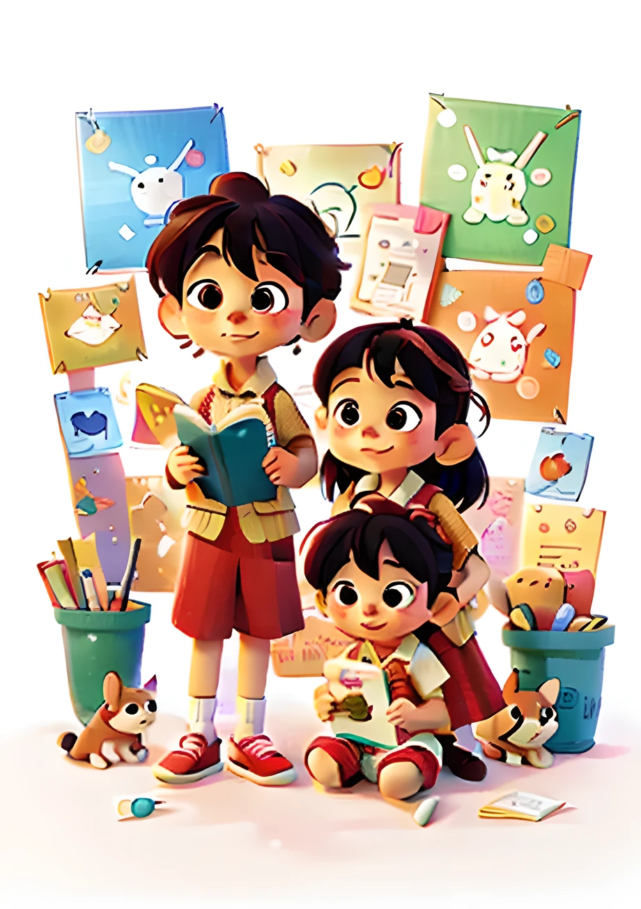 Two are reading a book,手里拿着children's book illustration,children's book illustration, Children's Art Art Station, Lovely art style, There is a cute puppy on the ground,background fill