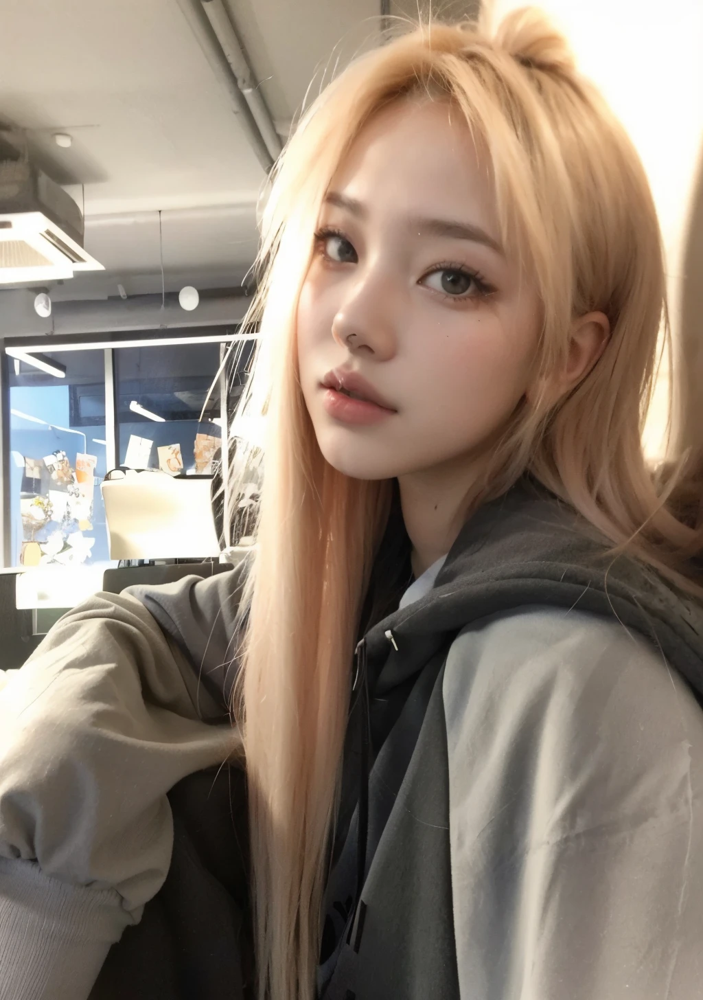 Chica araffe con cabello largo y rubio y una sudadera con capucha posando para una foto, ulzzang, parque roseanne de blackpink, muchacha coreana, jossi de blackpink, portrait of jossi de blackpink, ilya kuvshinov con pelo largo, maquillaje popular de corea del sur, Lalisa Manobal, hermosa mujer surcoreana, pale round face