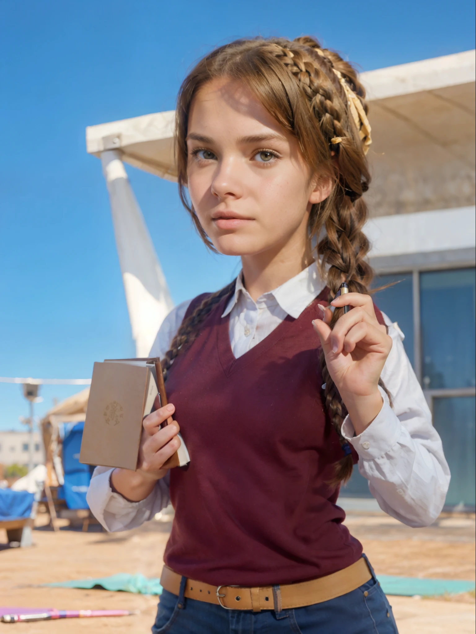 Real life adaption of this character, American beauty, realistic same brown hair With braids , realistic same outfit, holding book and pen,,realistic same background, realistic light, realistic shadow, realism, hyper realistic, (photorealistic:1.2), realistic small eyes