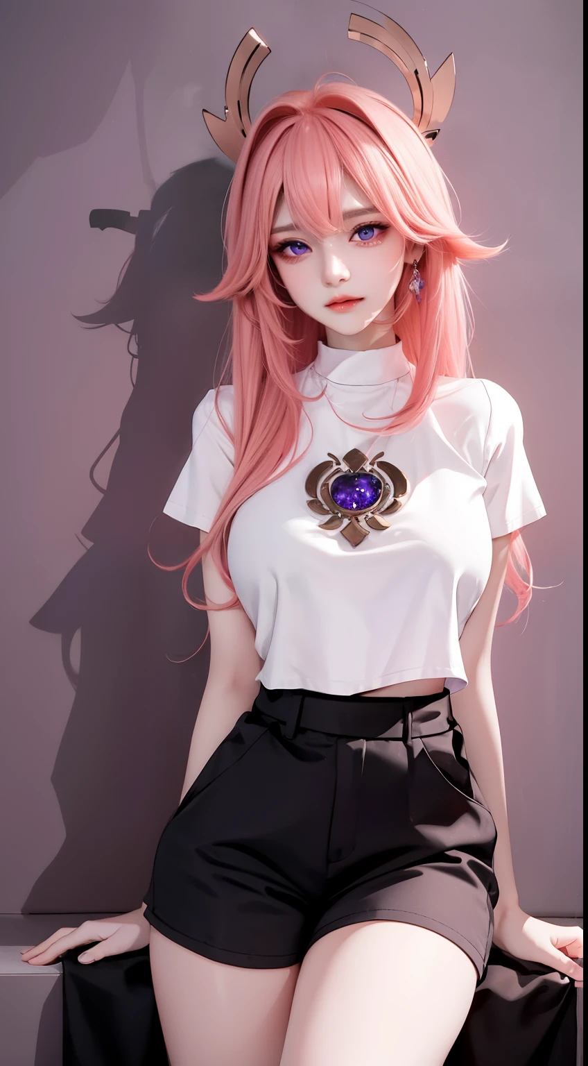 Top image quality、original photography、ultra high resolution、18 year old cute girl、Photographed only for one person、round chest、White T-shirt、black shorts、Beautiful eye for details、purple eyes，eyes very long、beautiful eyelashes、beautiful double eyelids、color wall、Beautiful waist、huge ，Legs are very slender、pink hair、headgear，Very slim figure