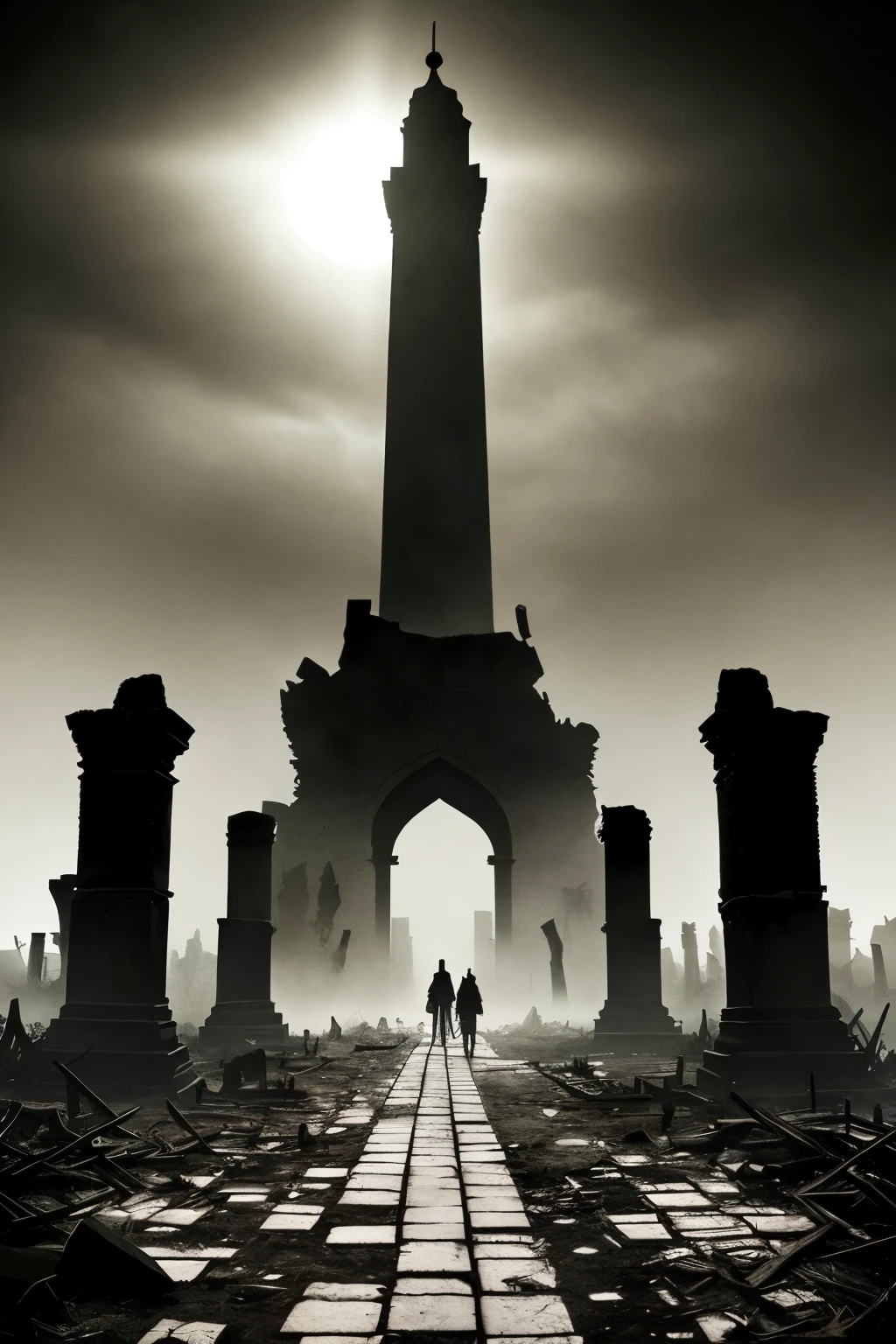 In the land beyond the final chapter of time, shadows linger as a violent war leaves behind a trail of destruction. The sun, once a beacon of hope, now rises through the mist with a sickly, unhealthy pallor. The air hangs heavy with the stench of pain and hatred, as crows gather in the ruins, their black silhouettes contrasting against the backdrop of desolation. The ground trembles underfoot, a landscape of steampunk dreams turned sour, where tombs outnumber the living, their crumbling walls a testament to the passing of time. The once vibrant tapestry of life is now a monochrome canvas of misery and decay