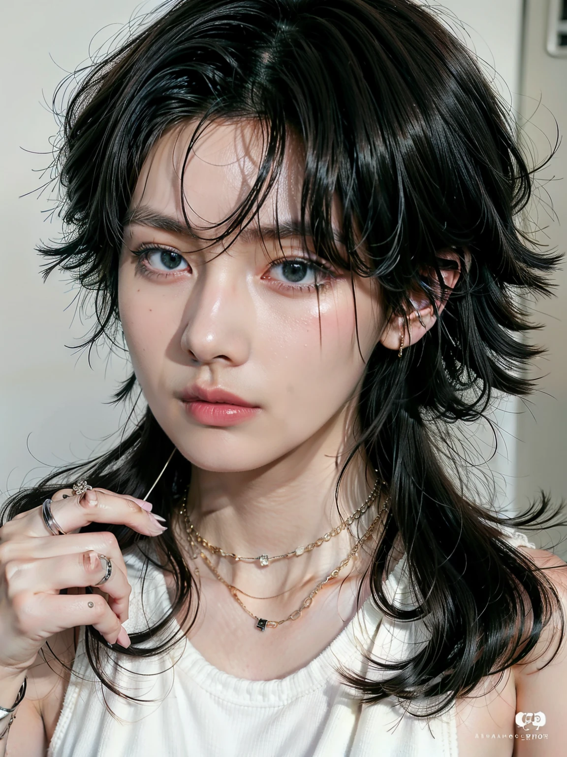 Hay un hombre con un collar y un collar con una flor, cruel korean goth boy, ulzzang, jinyoung shin, flequillo blancopelo negro, kim taejin, sakimichan, heonhwa choe, ella tiene el pelo negro con flequillo, maquillaje popular de corea del sur, cai xukun, delicate androgynous prince