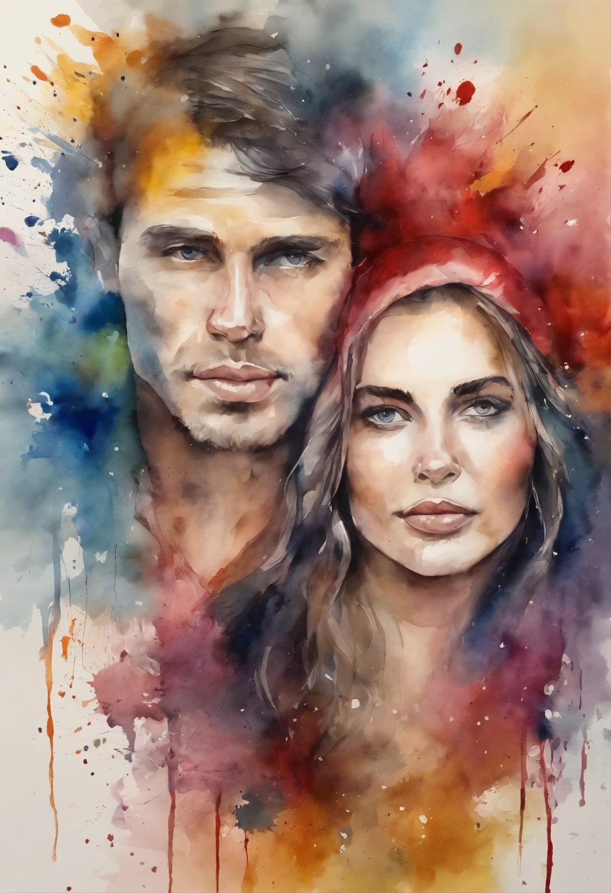 a 1 girl, 1 boy, lovers painting with splatter background and spray paint effect, by Eugeniusz Zak, watercolor art, by Károly Lotz, watercolor painting, watercolor painting style, watercolor detailed art, by Reuben Tam, watercolor paint digital painting, watercolor, masterfully detailed watercolor, watercolor art, Grzegorz Rutkowski