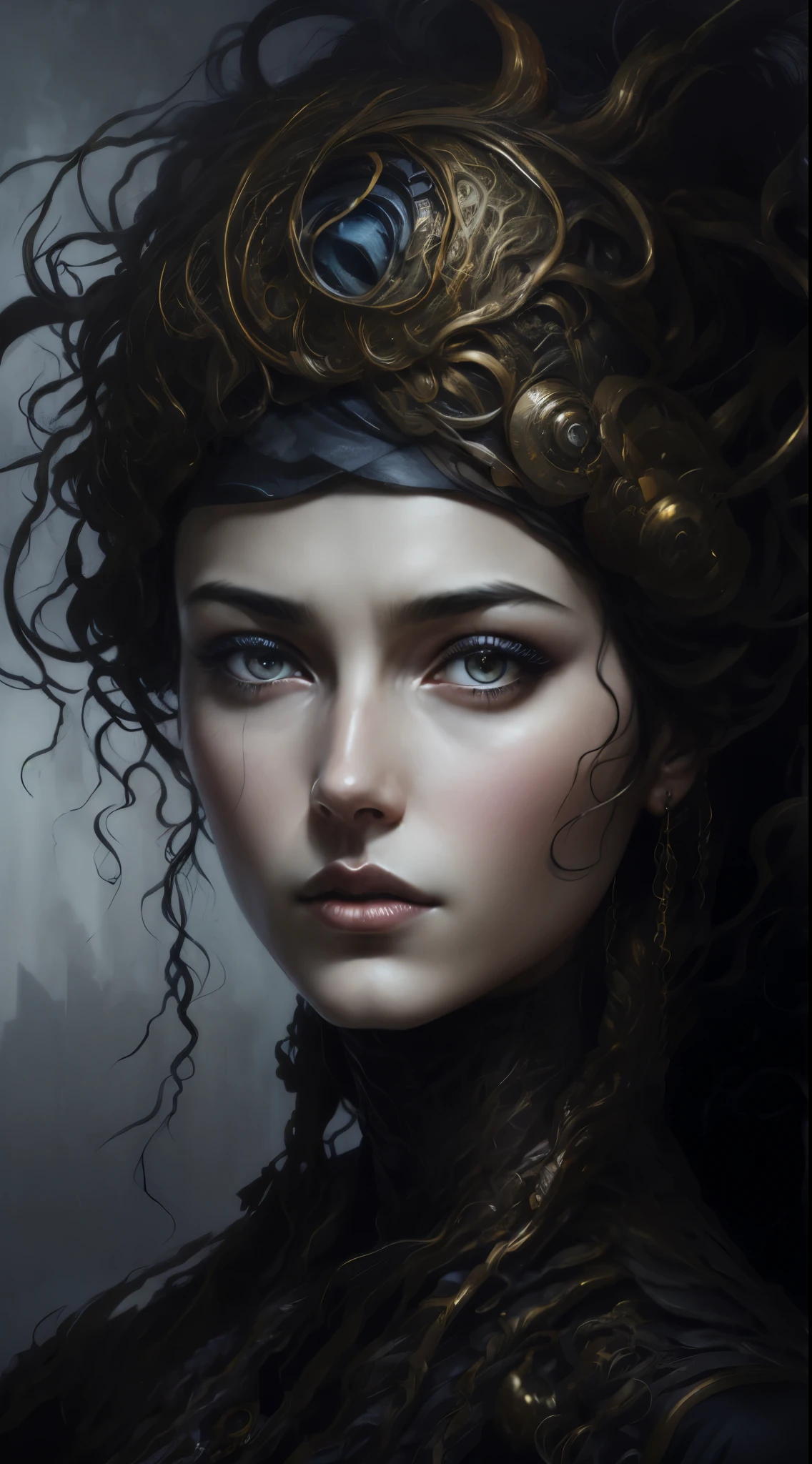 "Artistic rendering, conceptual illustration, psychology of artificial intelligence, perfect identical shaped eyes, neural networks [abstract], human-machine interaction [emotional], futuristic aesthetics, deep learning algorithms, surreal interpretation, technology integration, (Nikola Tesla:1.2), intricate circuitry, complex emotions [abstract], machine consciousness, thought patterns [abstract], creative interpretation, symbolic connections, blend of organic and mechanical elements, ethereal atmosphere, visual metaphor, interpretive art style, enigmatic AI persona, reflective surfaces, innovative concept art, (Tricia McKellar:1.3), abstract symbolism, dreamlike quality."