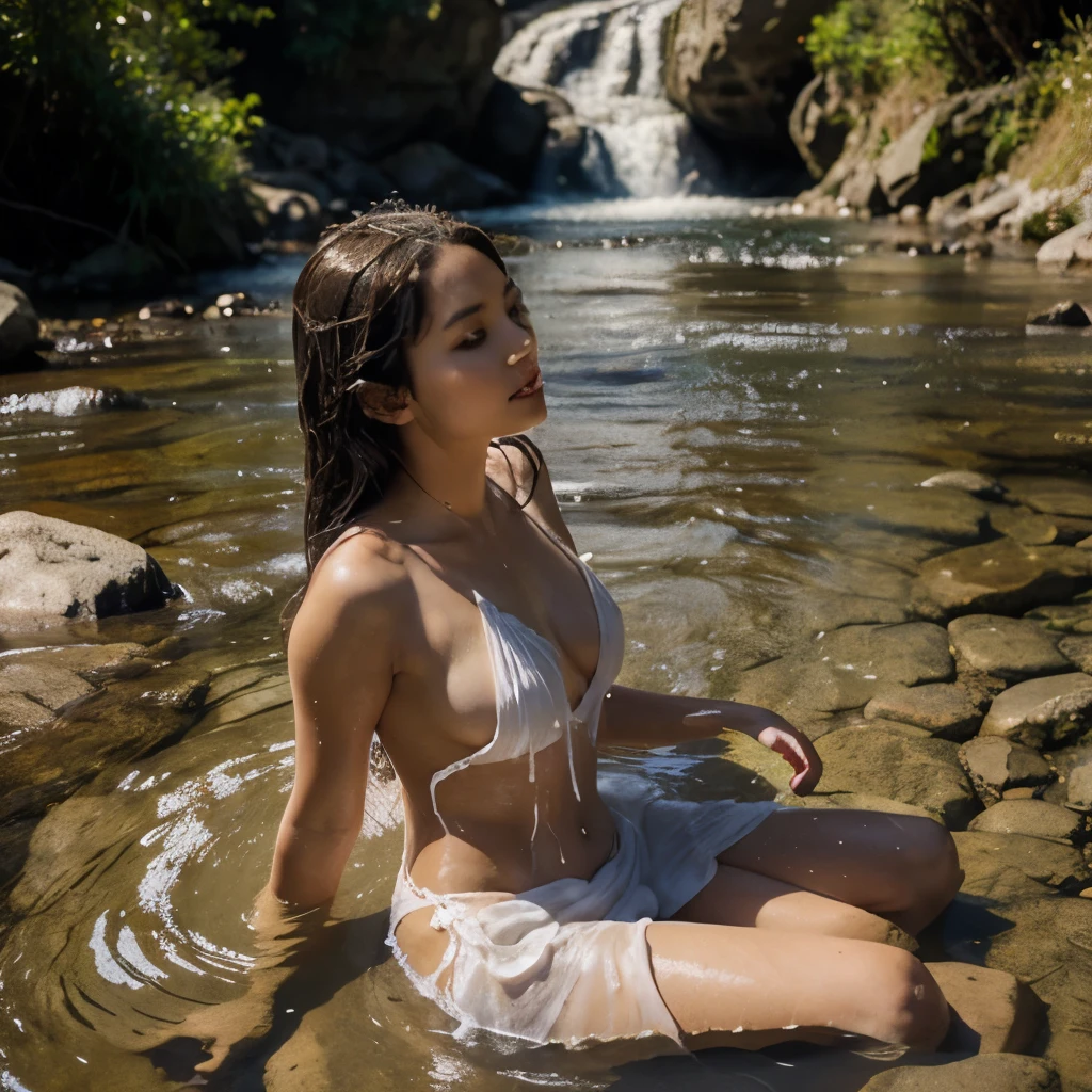 A very beautiful girl is bathing in a thin cloth in a flowing stream. It's very beautiful with the mountains on the side