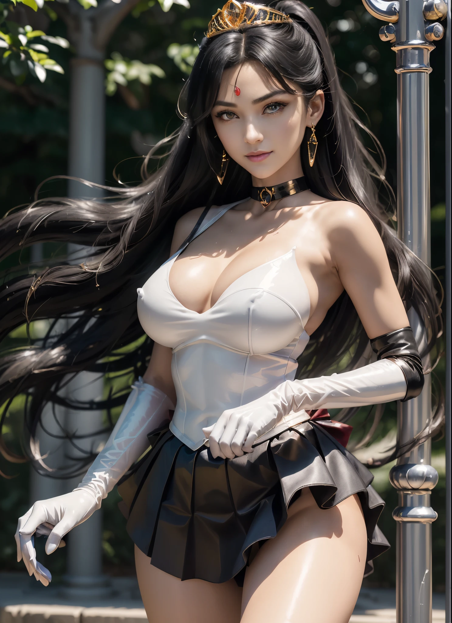 masterpiece、3D、realistic、super micro photography、Detailed and highest quality、Super detailed CG Unity 8k wallpaper、full:1.3、stand、from below、intricate details、(1 female,housewife)、30 years old、dynamic english、((A gorgeous golden tiara on the forehead:1.4、Metallic black pleated mini skirt:1.2、black pregate miniskirt:1.1、Huge red bow on the chest:1.2、black gloves on elbows:1.1、black big collar、black sailor collar、Red brooch))、(red eyes,SetsunaMeiou
hair_good,
Meisha Onfu)、(Sailor Pluto Single Hairpan
Tiara sailor warrior uniform Skirt Gloves),((single ponytail)),luxury gold decoration, incredibly long dark green hair:1.2、Shiny beautifull straight long dark green hair,:1.2、Sailor Pluto uniform, (sailor warrior uniform、bare upper arm:1.2、No sleeve,Long white latex gloves with luxurious gold decoration:1.3、very large pink ribbon on the back of the waist,:1.1、green choker、 The cleavage is sexy and boldly large、gold ring earrings,Shiny black long knee-high boots with luxurious gold embellishments)、(Extremely thin and fitted high gloss white holographic leather:1.3,Bold sexy slender white high leg gravette swimsuit)、staff, holding_staff, Key chain accessories at waist,((combat readiness))、has a huge key wand,
((black skin:1.2,enchanting smile、very pretty face、facial details:1.5、bright red eyes、A beautifull face、beautidfull eyes、shining eyes、thin lips:1.3、thin and sharp pale eyebrows,、long and thick eyelashes、double eyelashes))、gorgeous giant white wing muscles:1.2、 muscular abs:1.2、small face、huge breasts、高身長でグラマラスな完璧なProfessionalポーション、big breasts thin waist、big ass,sexy model posing、visible pores、perfect hands:1.5、octane rendering、very dramatic picture、strong natural light、sunlight、exquisite light and shadow、dslr harp、concentrated:1.0、maximum clarity and sharpness、(dynamic lightning background:1.3、divinity of the underworld,divinity of space and time,Lightning space background, Pluto、moon明かり、moon、moving background、detailed background)One girl that will take your breath away, (sailor warrior uniform), . award-winning, Professional, very detailed