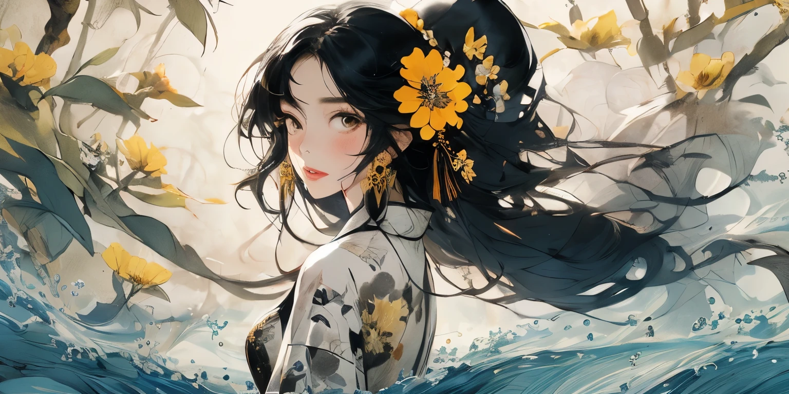 (masterpiece:1.2), best quality,PIXIV,Chinese ink painting,ink wash painting,
1girl, solo, long hair, black hair, looking at viewer, flower, yellow dress, upper body, yellow flower, earrings, floating hair, blush, jewelry, brown eyes, parted lips, water, dress, floral print, from side, bubble, long sleeves, breasts, very long hair