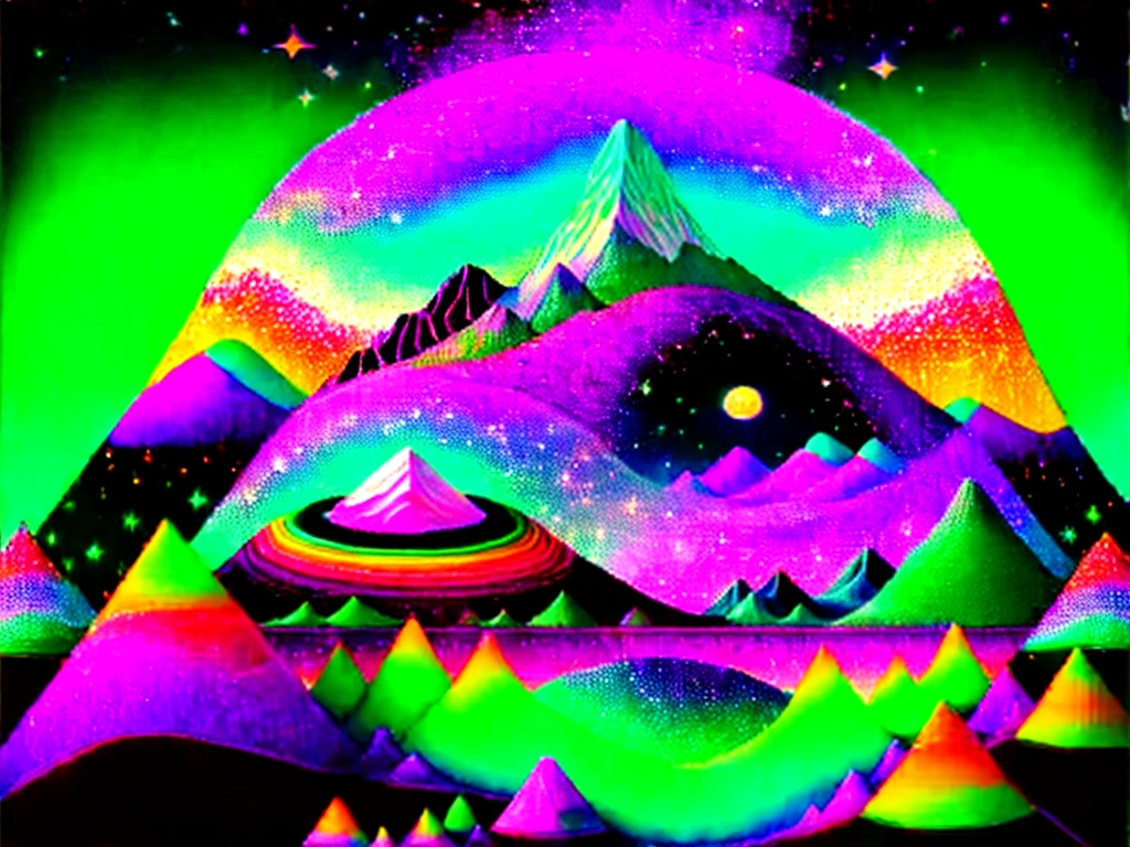 black and white mountains，Reflections are colored mountains，Green lawn，Blue sky and white clouds，sun，Surrounded by the colorful starry sky，a Psychedelic illustration of a floating island with mountains and planets, psychedelic landscape, Psychedelic illustration, Symmetrical Fantasy Landscape, Surreal psychedelic design, psychedelic art, Psychedelic Surreal Art, psychedelic art风格, psychedelic aesthetic, Detailed dreams, Colorful illustrations, trippy visuals, Very detailed illustrations,  The space after dmt, psychedelic atmosphere