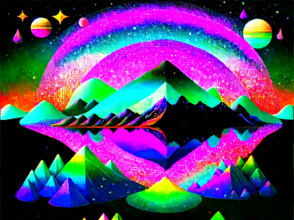 black and white mountains，Reflections are colored mountains，Green lawn，Blue sky and white clouds，sun，Surrounded by the colorful starry sky，a Psychedelic illustration of a floating island with mountains and planets, psychedelic landscape, Psychedelic illustration, Symmetrical Fantasy Landscape, Surreal psychedelic design, psychedelic art, Psychedelic Surreal Art, psychedelic art风格, psychedelic aesthetic, Detailed dreams, Colorful illustrations, trippy visuals, Very detailed illustrations,  The space after dmt, psychedelic atmosphere
