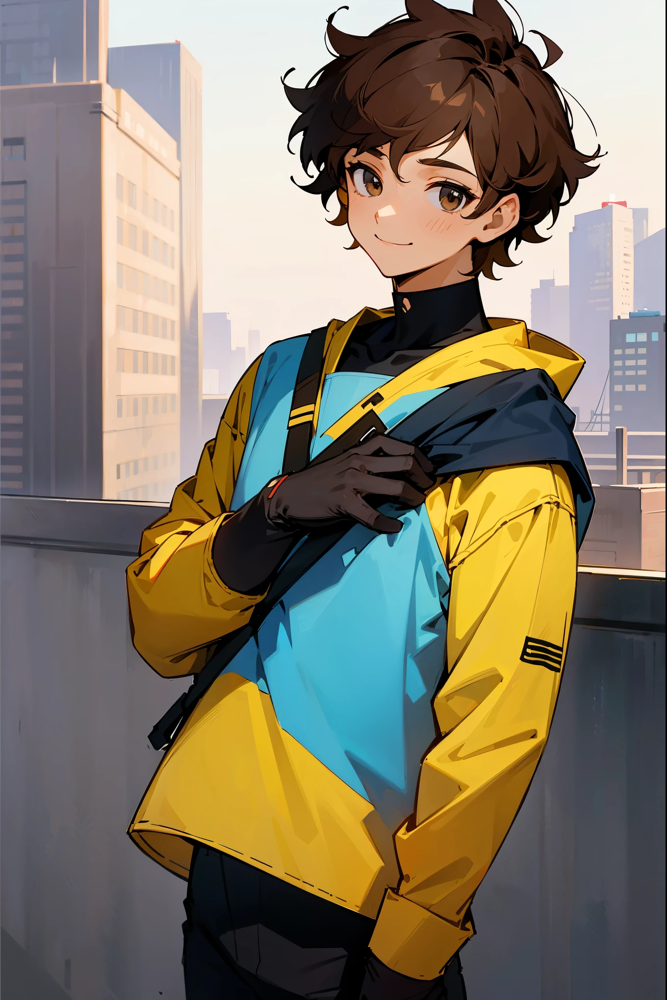 1male, brown hair, hazel eyes, short curly hair, graphic shirt, basic modern clothing, (city background), happy expression