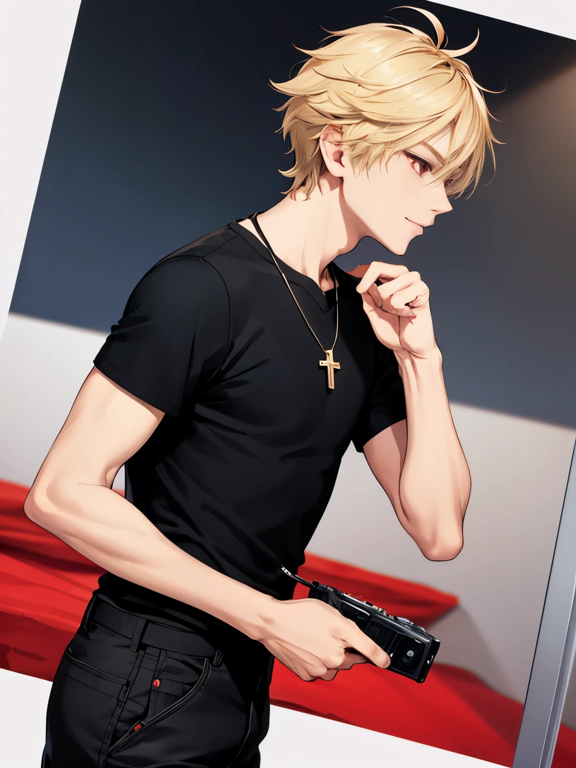 1 boy,solo,20 years old,guy,Facing left, camera angle from the side, look away, Punching pose,cross necklace,handsome,messy hair,Perfect face, short hair, blonde hair,black t-shirt, Plain t-shirt,black t-shirt,short sleeve t-shirt,black trousers, Long pants,red eyes,bright red eyes, vampire