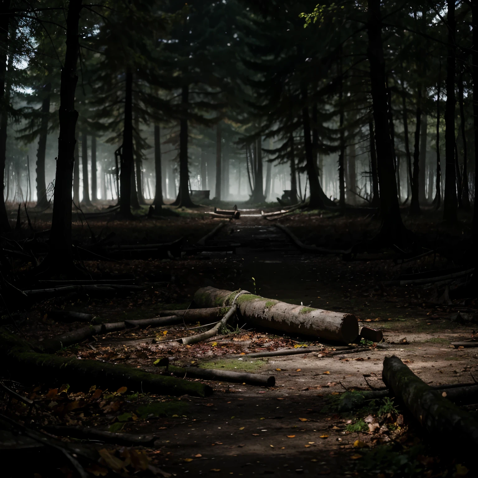 A gloomy forest with a fallen tree trunk. Blood everywhere. Macabre. Brutal. Macabro