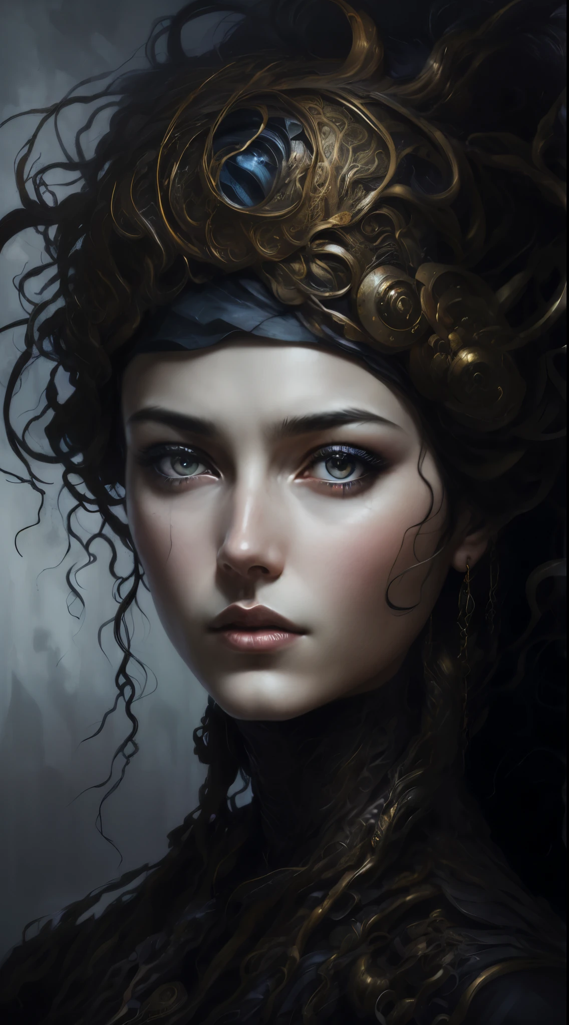 "Artistic rendering, conceptual illustration, psychology of artificial intelligence, perfect identical shaped eyes, neural networks [abstract], human-machine interaction [emotional], futuristic aesthetics, deep learning algorithms, surreal interpretation, technology integration, (Nikola Tesla:1.2), intricate circuitry, complex emotions [abstract], machine consciousness, thought patterns [abstract], creative interpretation, symbolic connections, blend of organic and mechanical elements, ethereal atmosphere, visual metaphor, interpretive art style, enigmatic AI persona, reflective surfaces, innovative concept art, (Tricia McKellar:1.3), abstract symbolism, dreamlike quality."