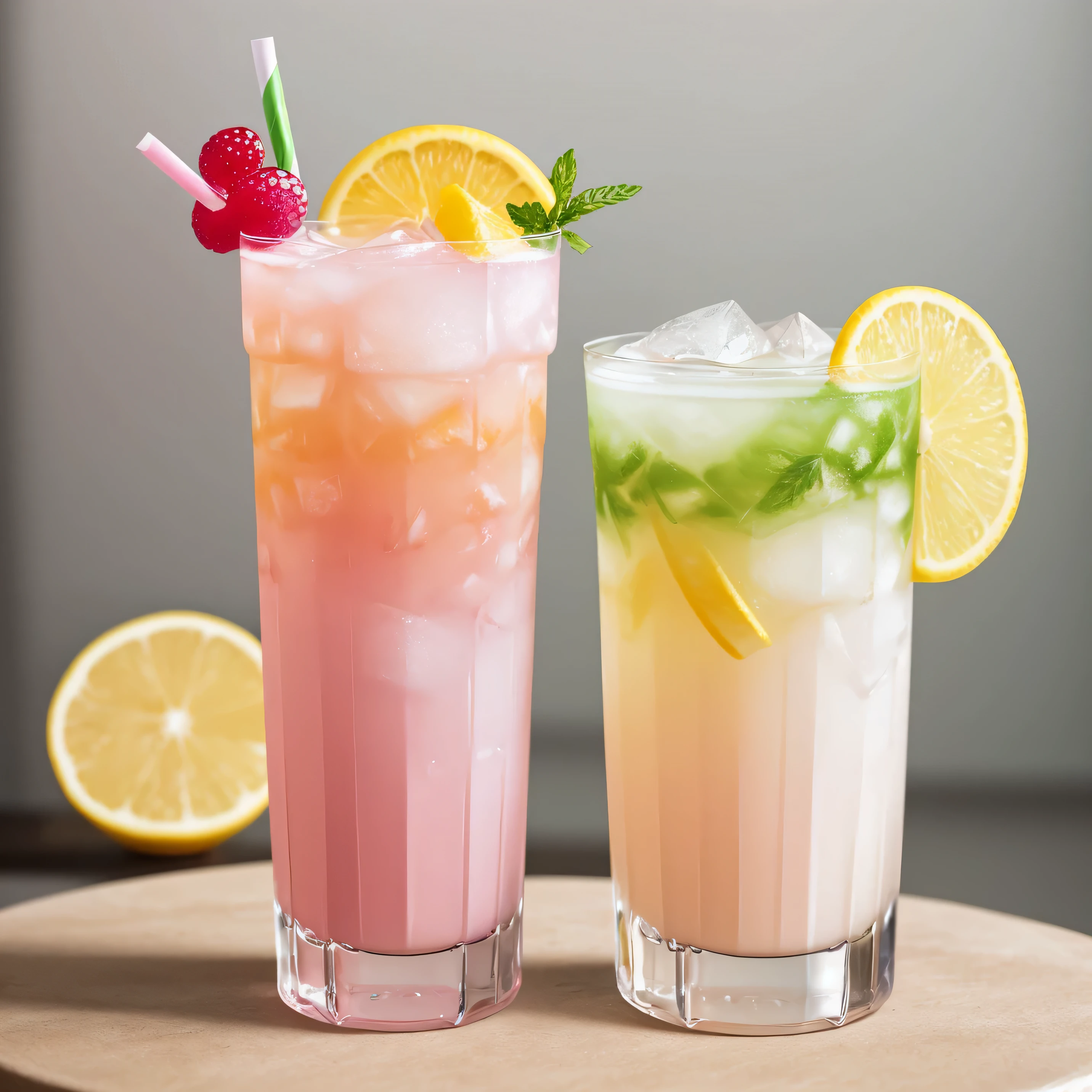 This photo features a realistic drink photography of a chilled cocktail, featuring multiple color layers, pink, yellow and white base, on a table, UltraHD, high resolution.