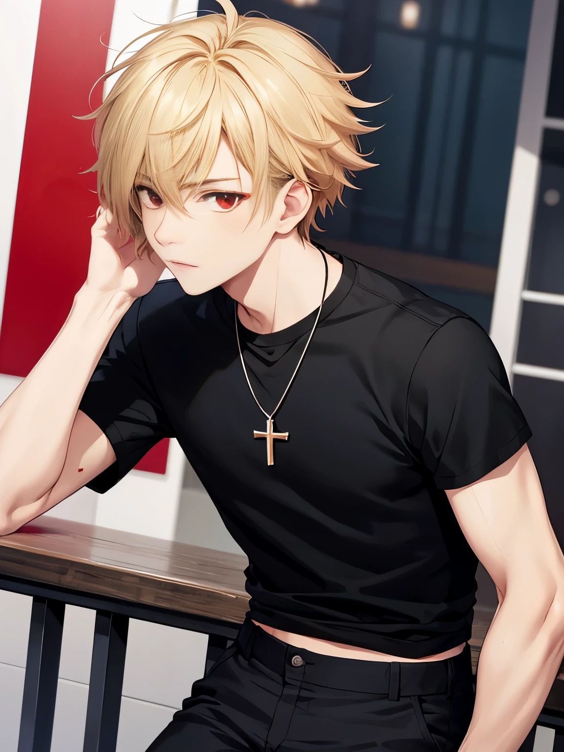 1 boy,solo,20 years old,guy,Facing left, camera angle from the side, look away, Hitting people,cross necklace,handsome,messy hair,Perfect face, short hair, blonde hair,black t-shirt, Plain t-shirt,black t-shirt,short sleeve t-shirt,black trousers, Long pants,red eyes,bright red eyes, vampire