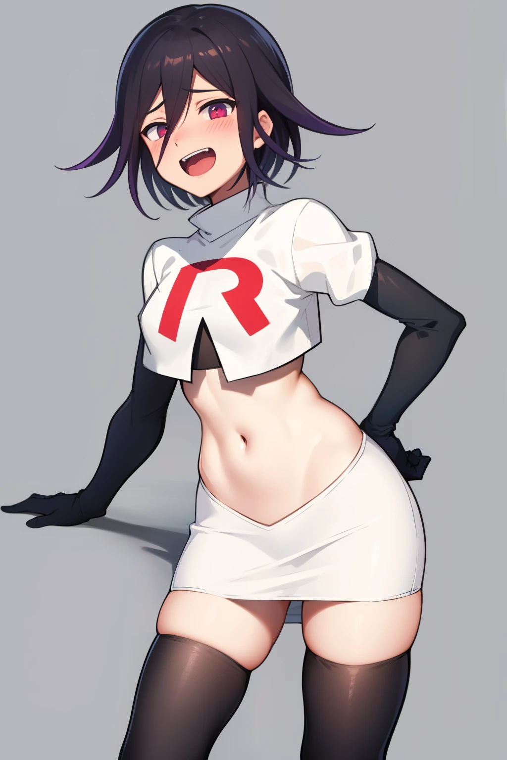 absurdres, cowboy shot, solo, male focus, trap, 1boy, crossdressing,1boy, oma kokichi, team rocket,team rocket uniform,white skirt,red letter R,crop top,black thigh-highs,black elbow gloves, evil laugh, blush