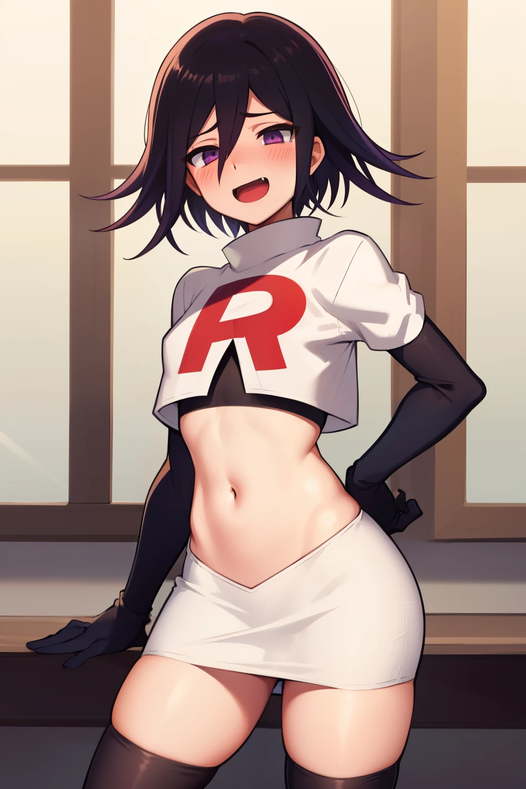 absurdres, cowboy shot, solo, male focus, trap, 1boy, crossdressing,1boy, oma kokichi, team rocket,team rocket uniform,white skirt,red letter R,crop top,black thigh-highs,black elbow gloves, evil laugh, blush