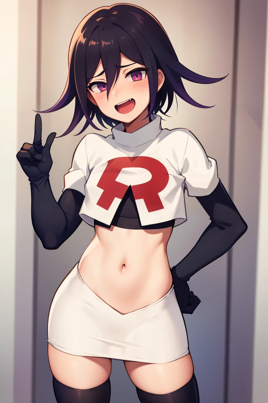 absurdres, cowboy shot, solo, male focus, trap, 1boy, crossdressing,1boy, oma kokichi, team rocket,team rocket uniform,white skirt,red letter R,crop top,black thigh-highs,black elbow gloves, evil laugh, blush