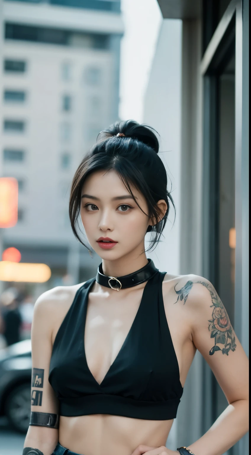 Generate an image of a woman with short black hair, Tattoos on the arms, wearing a collar, crop top, and shorts. Capture the details of your accessories, Emphasize the style and attitude they bring to her appearance. Keep a pensive expression while smoking, Ensure the overall composition reflects fashionable fusion, personality, Wainai reflection. Use lighting techniques to enhance visual impact, Create compelling female images in thoughtful moments of self-expression.