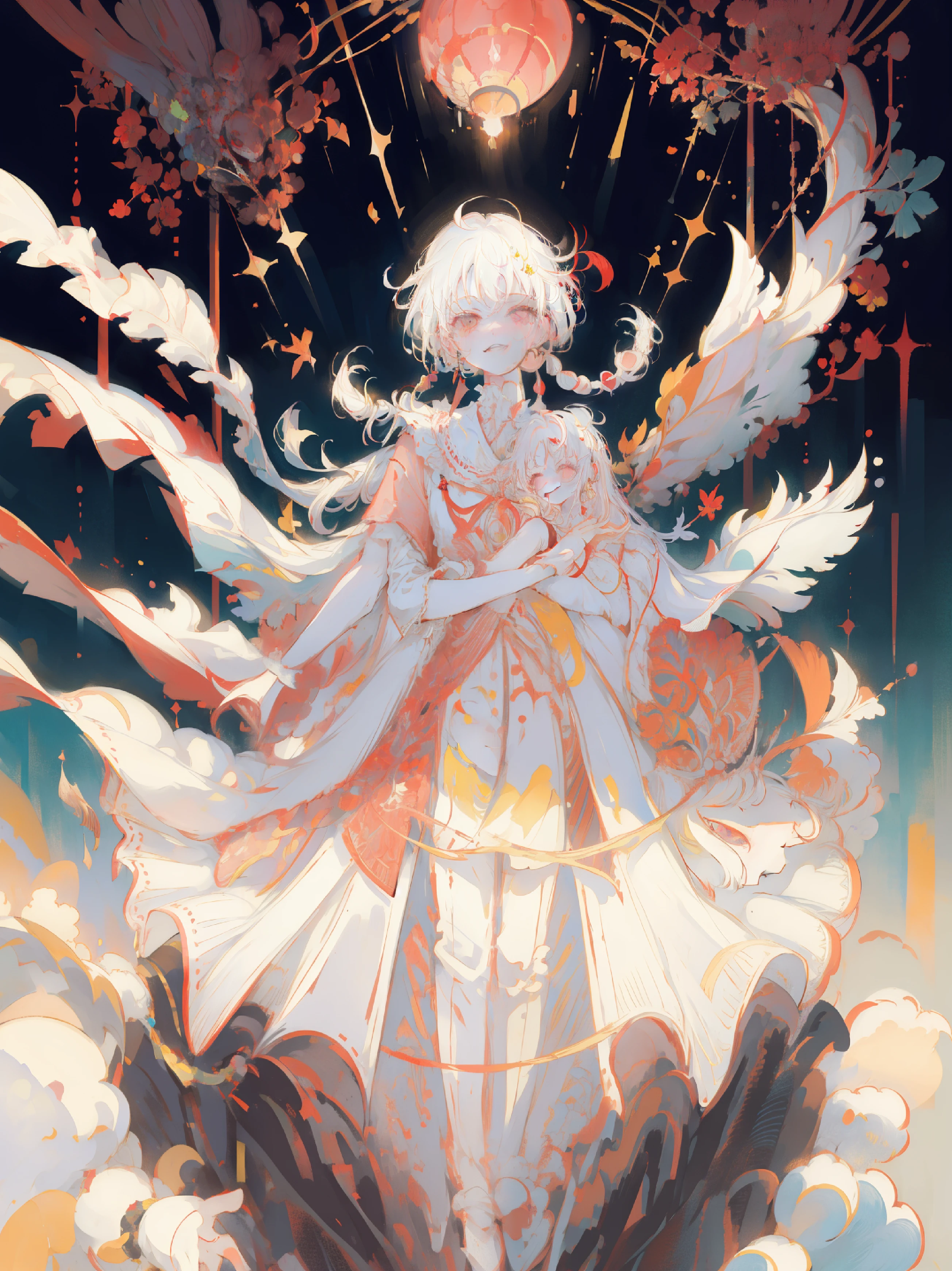 hightquality, masterpiece, Colorful color palette, 4k, young Girl, White hair, yandere, grinning maniacally, widely, long long braid, lively, , very happy