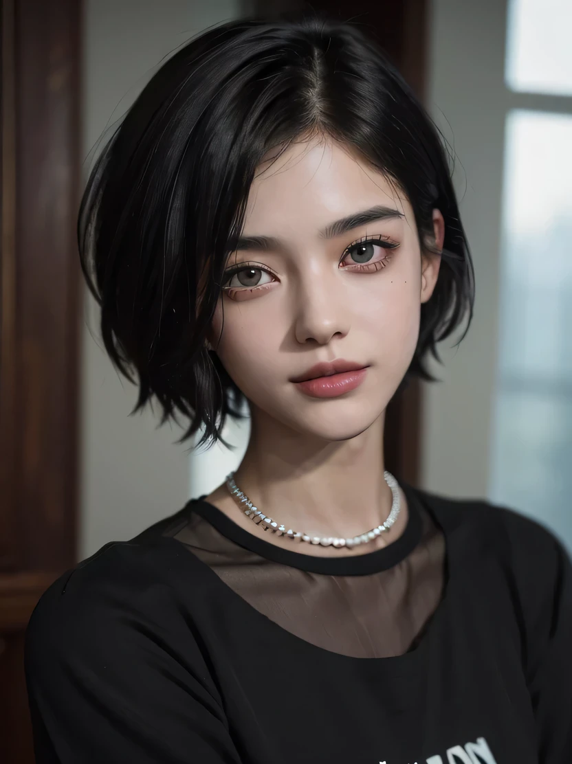 ((masterpiece、highest quality、Super detailed、High resolution、realistic、sharp focus、cinematic lighting))、(1 girl)、bust shot、(black hair、boyish short hair、high top fade、all back)、beautiful face、beautiful hairstyle、symmetrical eyes、beautiful eyes、beautiful skin、smile、attractive appearance、fold your arms、punkロックファッション、view audience、punk