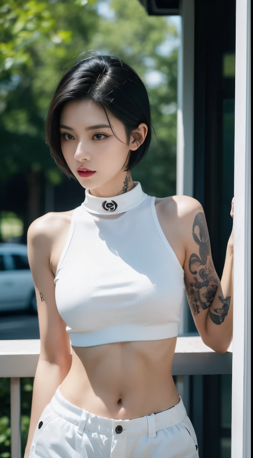 Generate an image of a woman with short black hair, Tattoos on the arms, wearing a collar, crop top, and shorts. Capture the details of your accessories, Emphasize the style and attitude they bring to her appearance. Keep a pensive expression while smoking, Ensure the overall composition reflects fashionable fusion, personality, Wainai reflection. Use lighting techniques to enhance visual impact, Create compelling female images in thoughtful moments of self-expression.