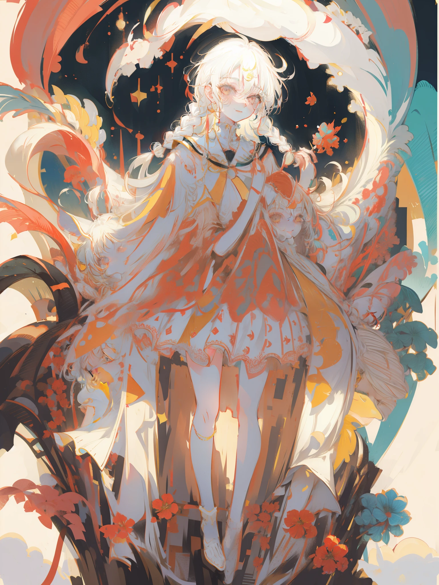 hightquality, Colorful color palette, 4k, young Girl, White hair, yandere, grinning maniacally, widely, long long braid, lively, very happy
