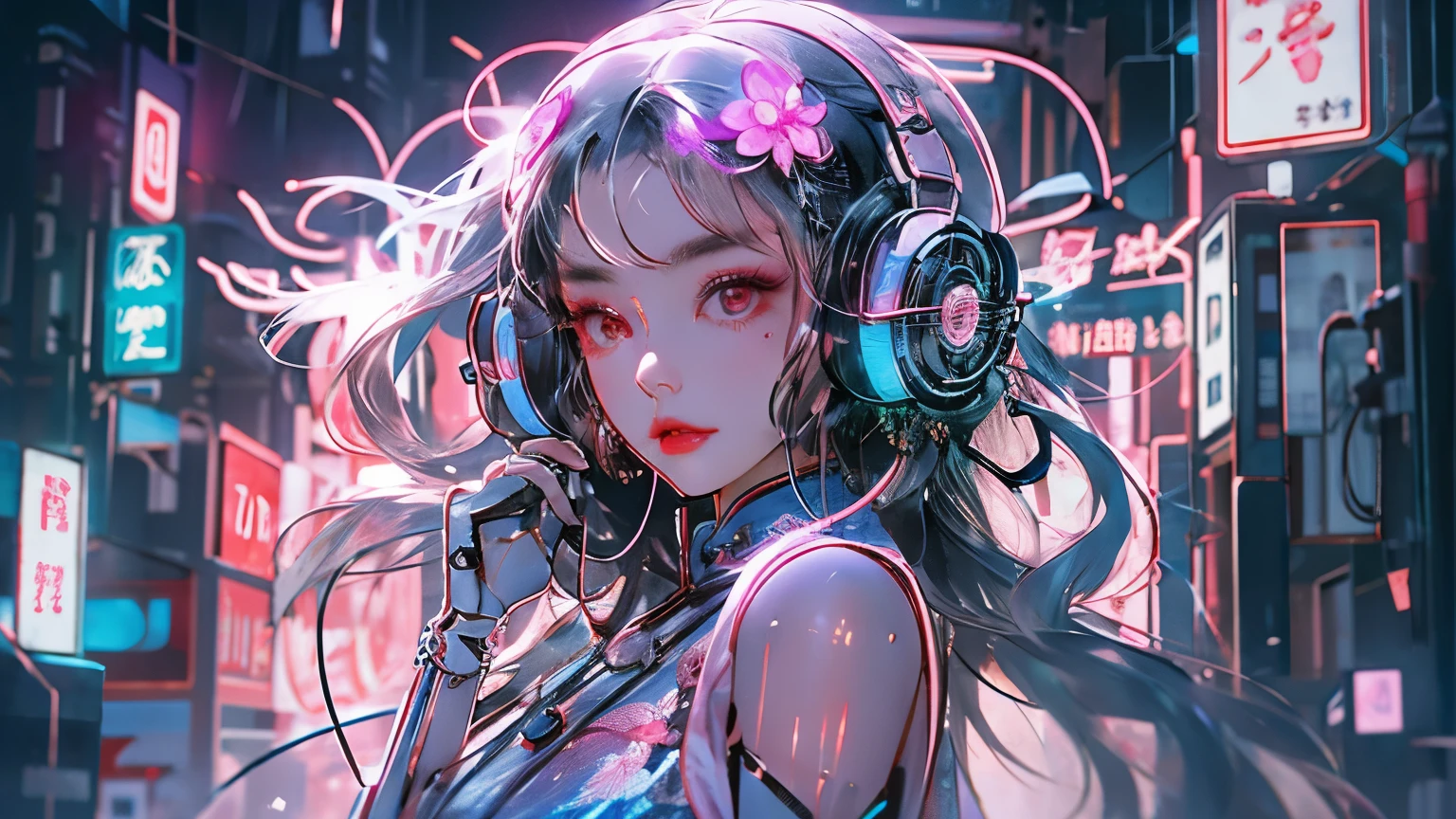 1 girl, Chinese_clothing, liquid silver and pink, cyberhan, cheongsam, cyberpunk, dynamic poses, Luminous headphones, Luminous hair accessories, long hair, Luminous earrings, glow necklace, cyberpunk, full of mechanical and futuristic elements, futuristic, science and technology, glowing neon lights, pink, blue light, Transparent tulle, Transparent streamers, laser, 